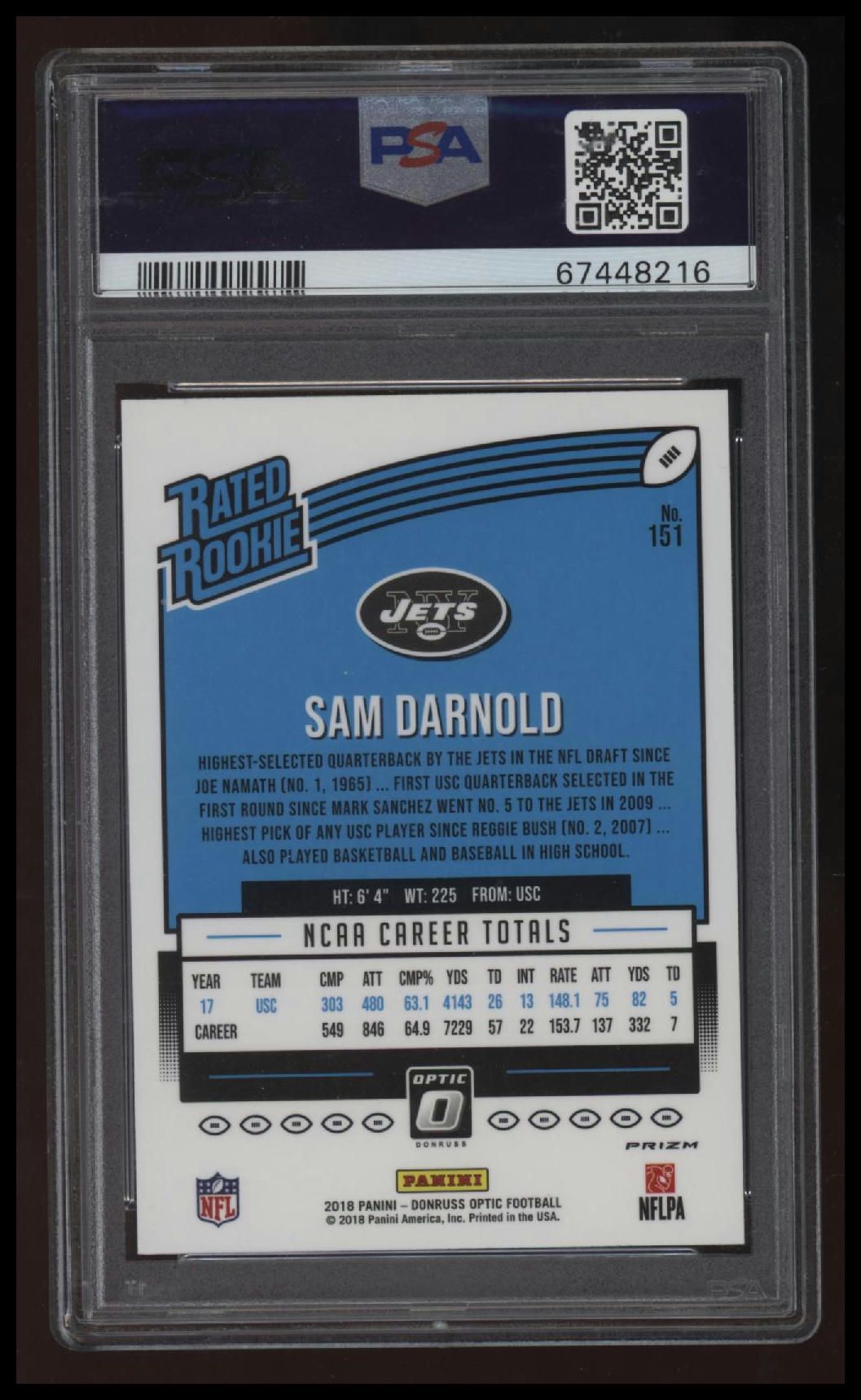 2018 Panini Donruss Optic Sam Darnold Holo PSA 10