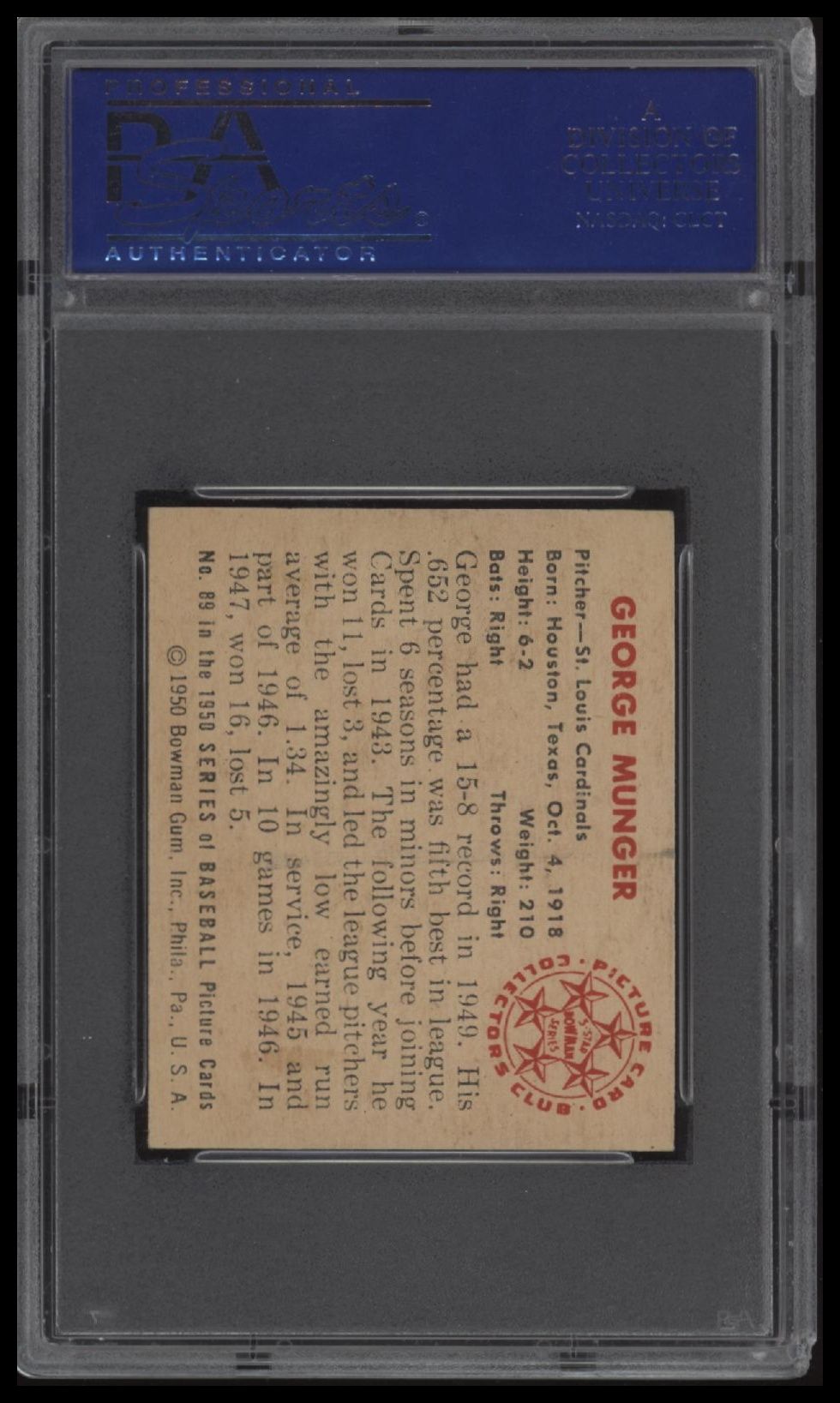 1950 Bowman #89 George Munger PSA 8