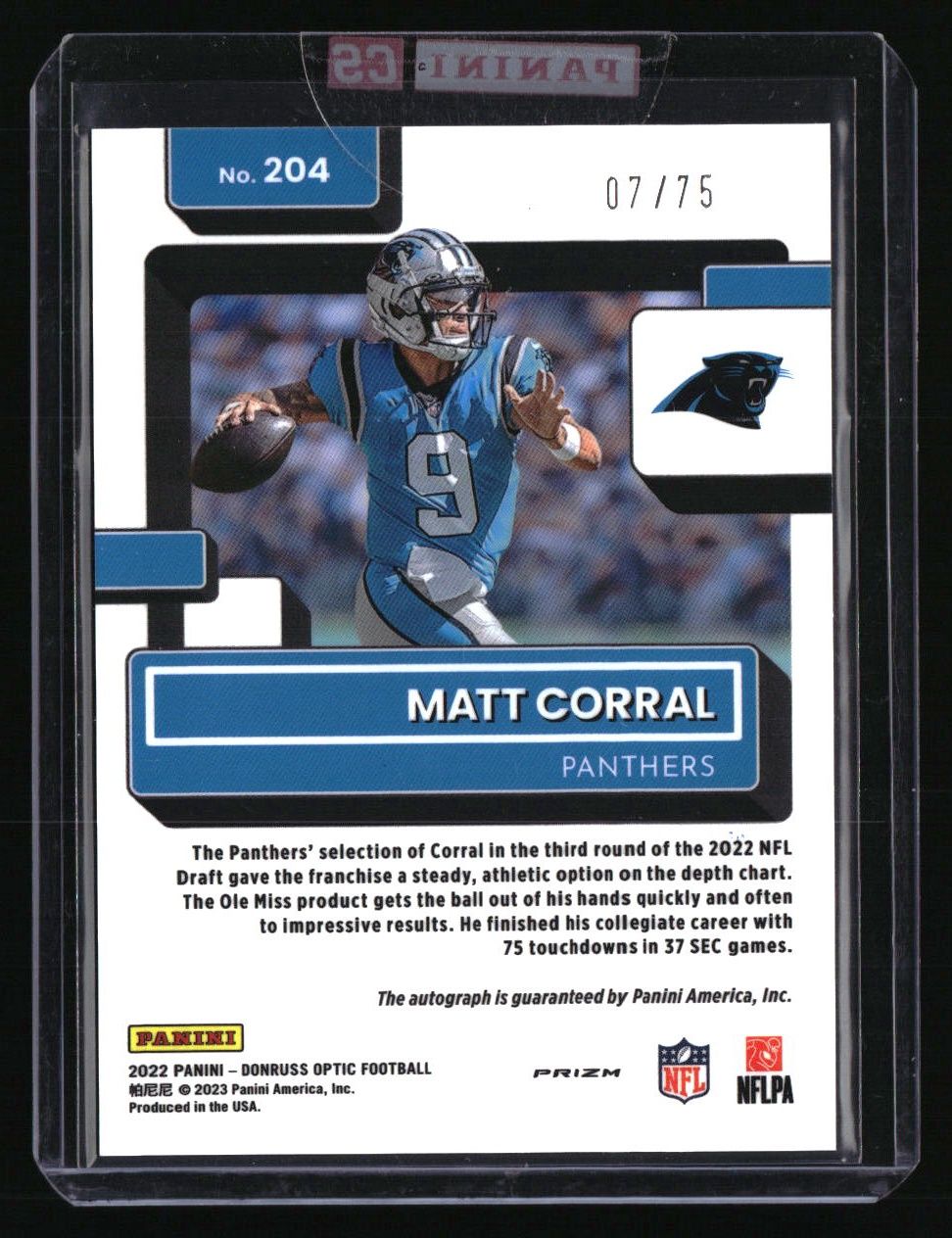 2022 Donruss Optic #204 Matt Corral Rated Rookies RPS Autographs Red #/75