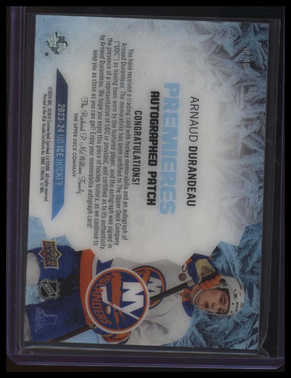 2023-24 Upper Deck Ice Arnaud Durandeau Ice Premieres Auto Patch #/10