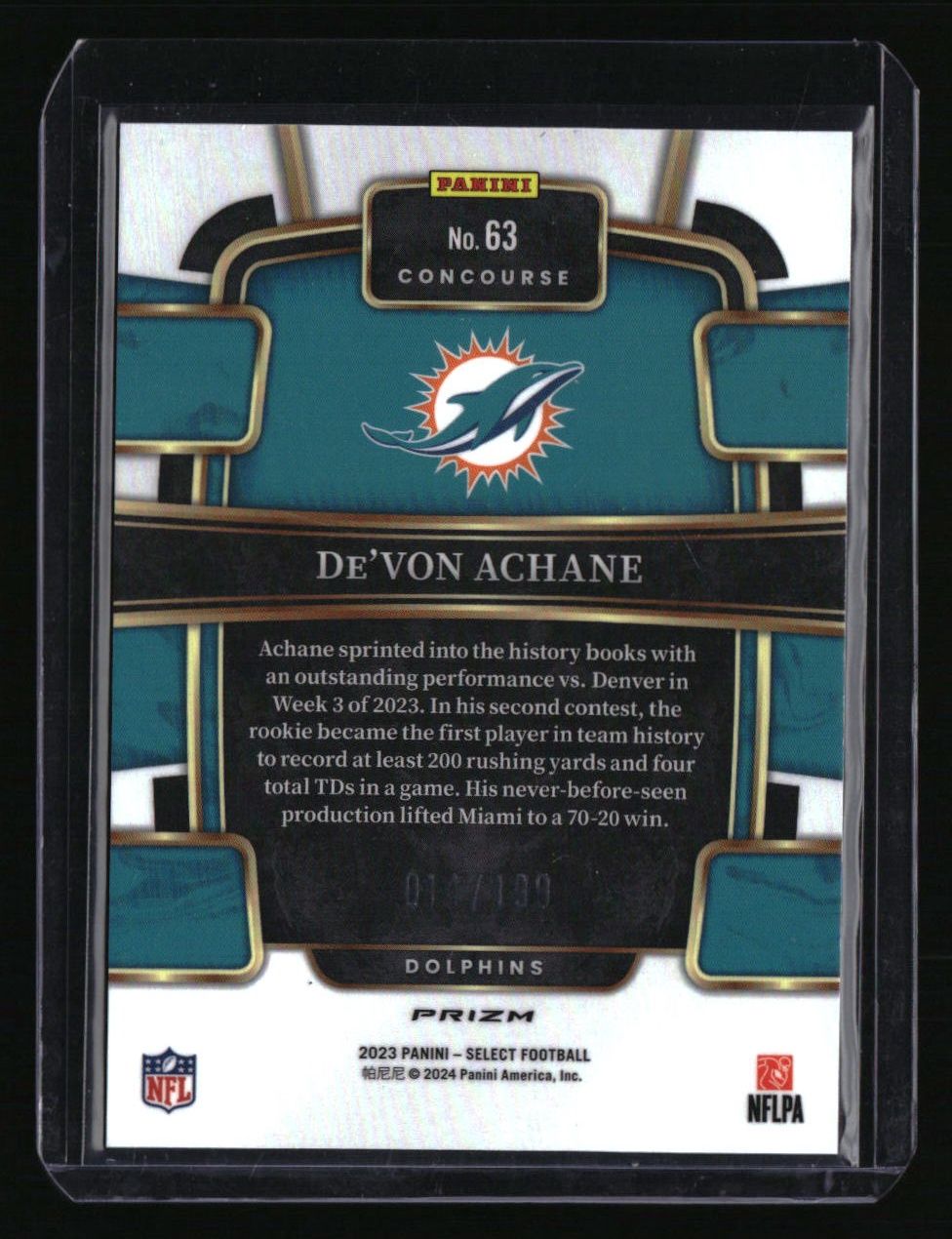 2023 Panini Select De&#39;Von Achane Blue Prizms #/199