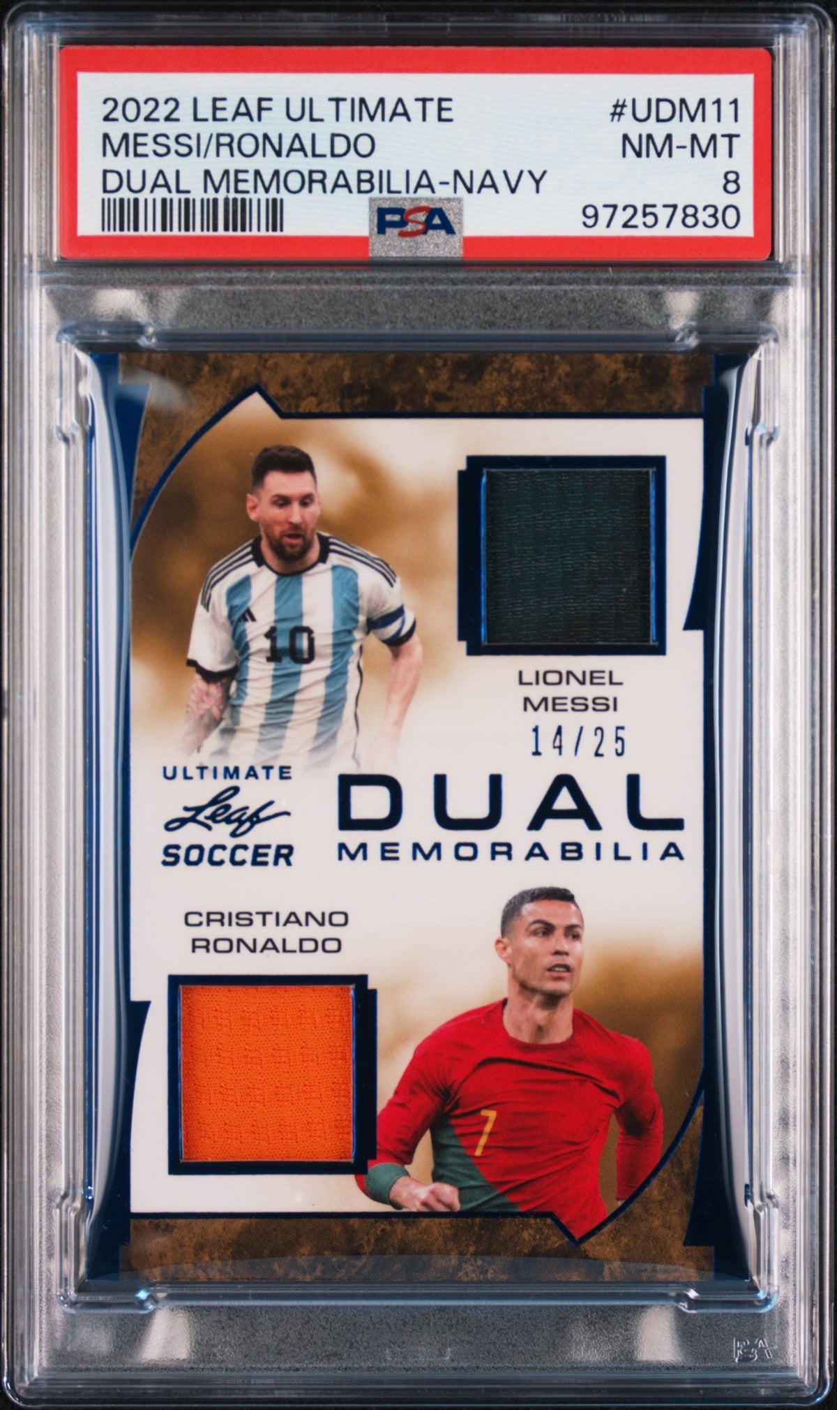 2022 Leaf Ultimate Dual Memorabilia Messi/Ronaldo Navy PSA 8