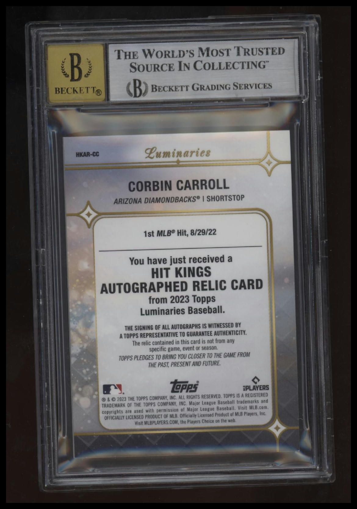 2023 Topps Luminaries Hit Kings Autograph Relics Blue Corbin Carroll BGS 9.0