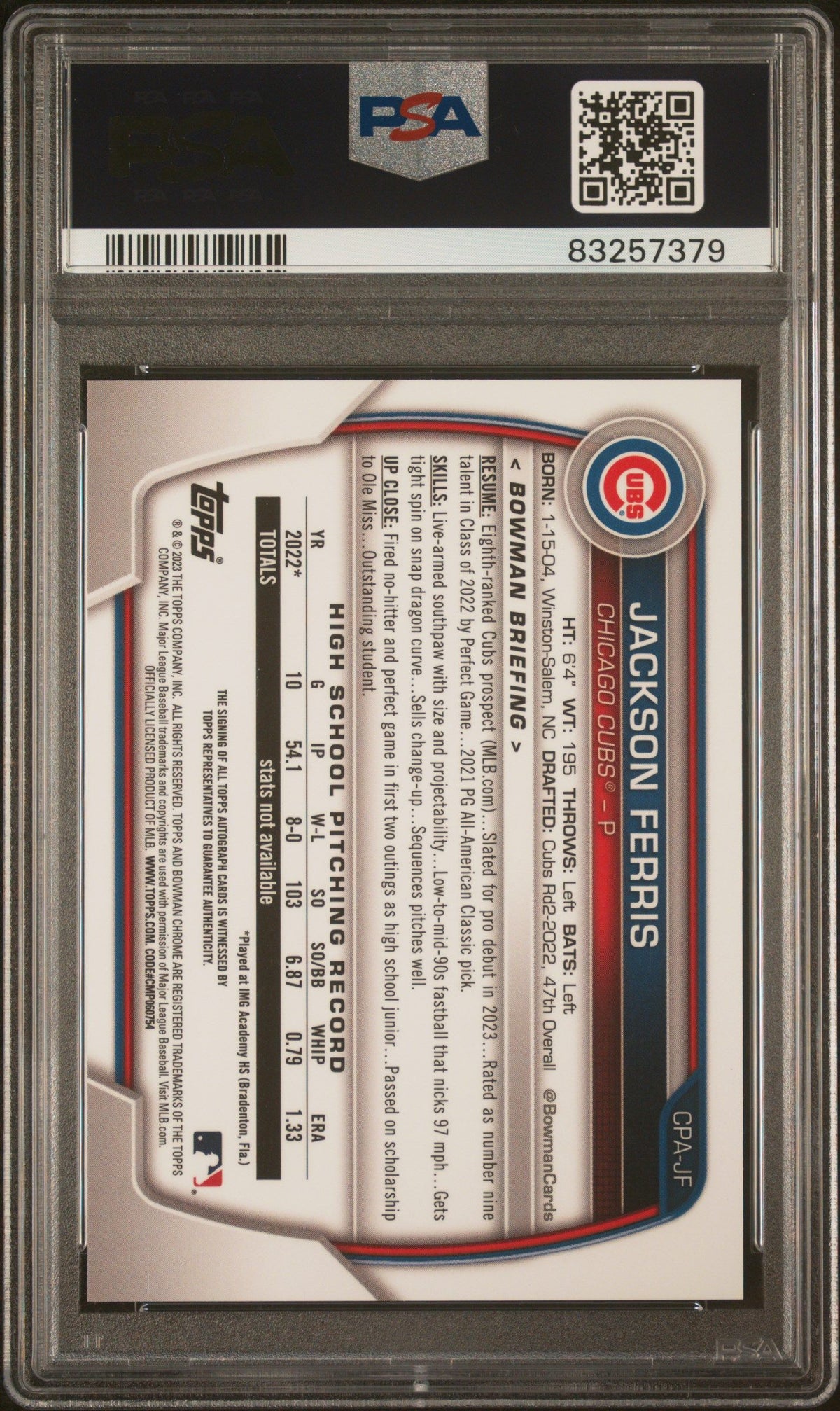 2023 Bowman Chrome Prospect Jackson Ferris Chr Pros Auto-Blue Crater PSA 10