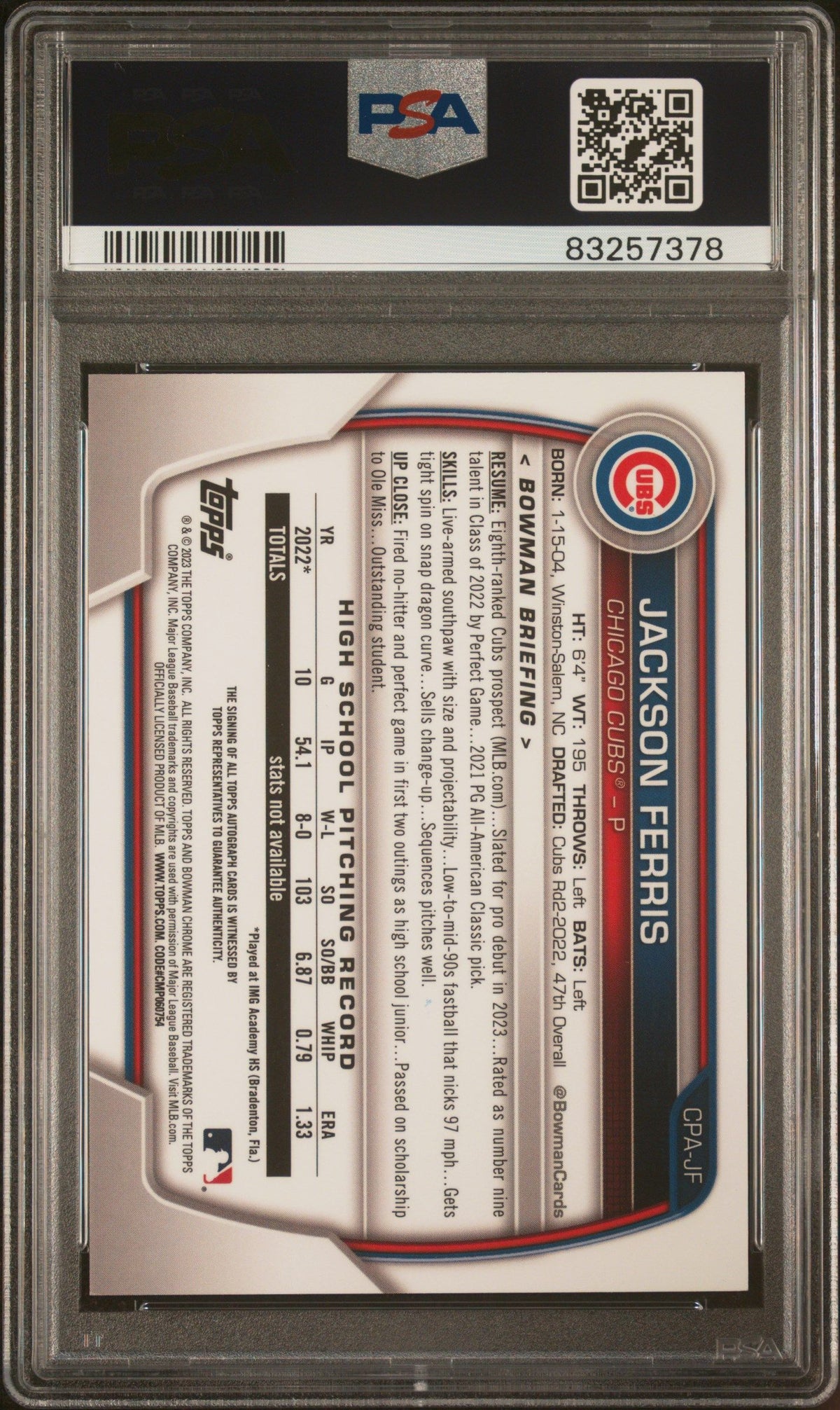 2023 Bowman Chrome #CPAJF Jackson Ferris Chrome Pros Auto-Yellow PSA 9