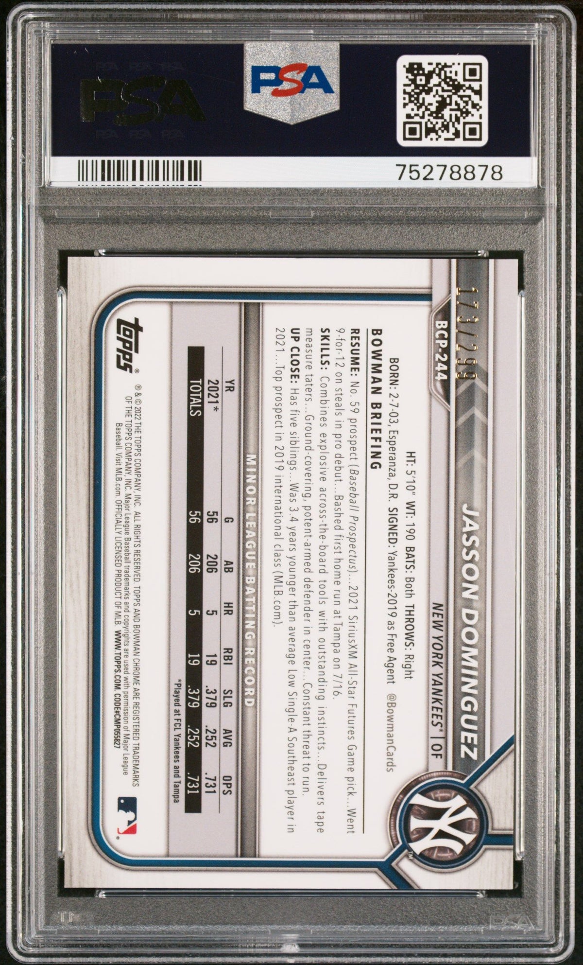 2022 Bowman Chrome Prospects Jasson Dominguez Pros-Speckle Refractor PSA 10