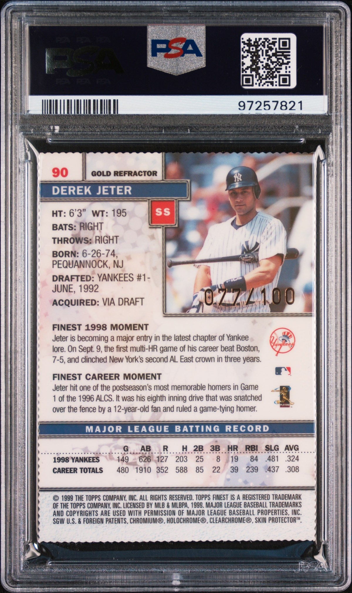 1999 Finest Derek Jeter Gold Refractor W/Coat. PSA 6