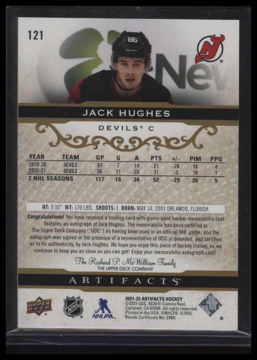 2021-22 Upper Deck Artifacts Jack Hughes Auto Material Gold #/45