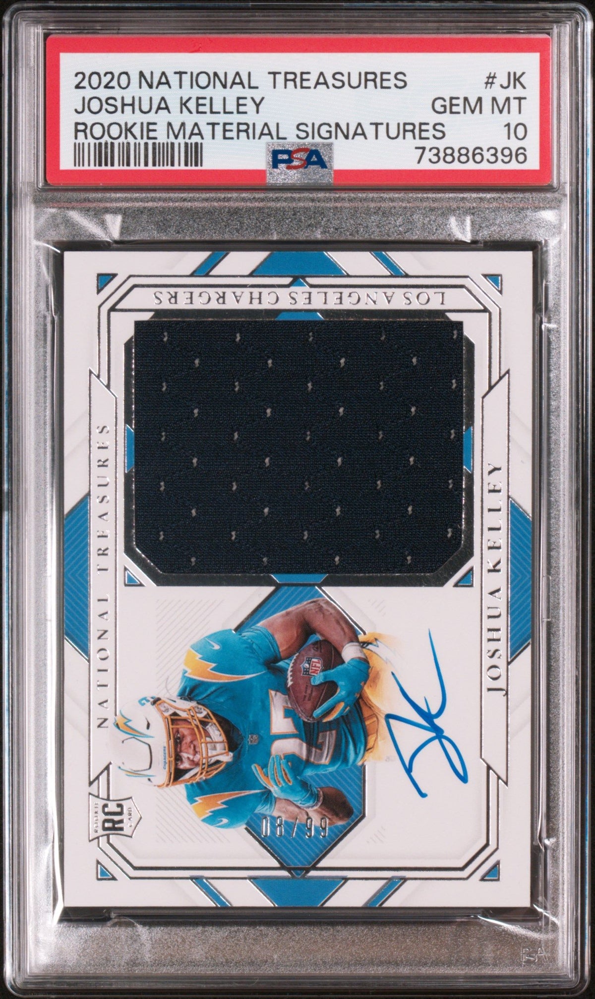 2020 Panini National Treasures Joshua Kelley Rookie Material Signatures PSA 10