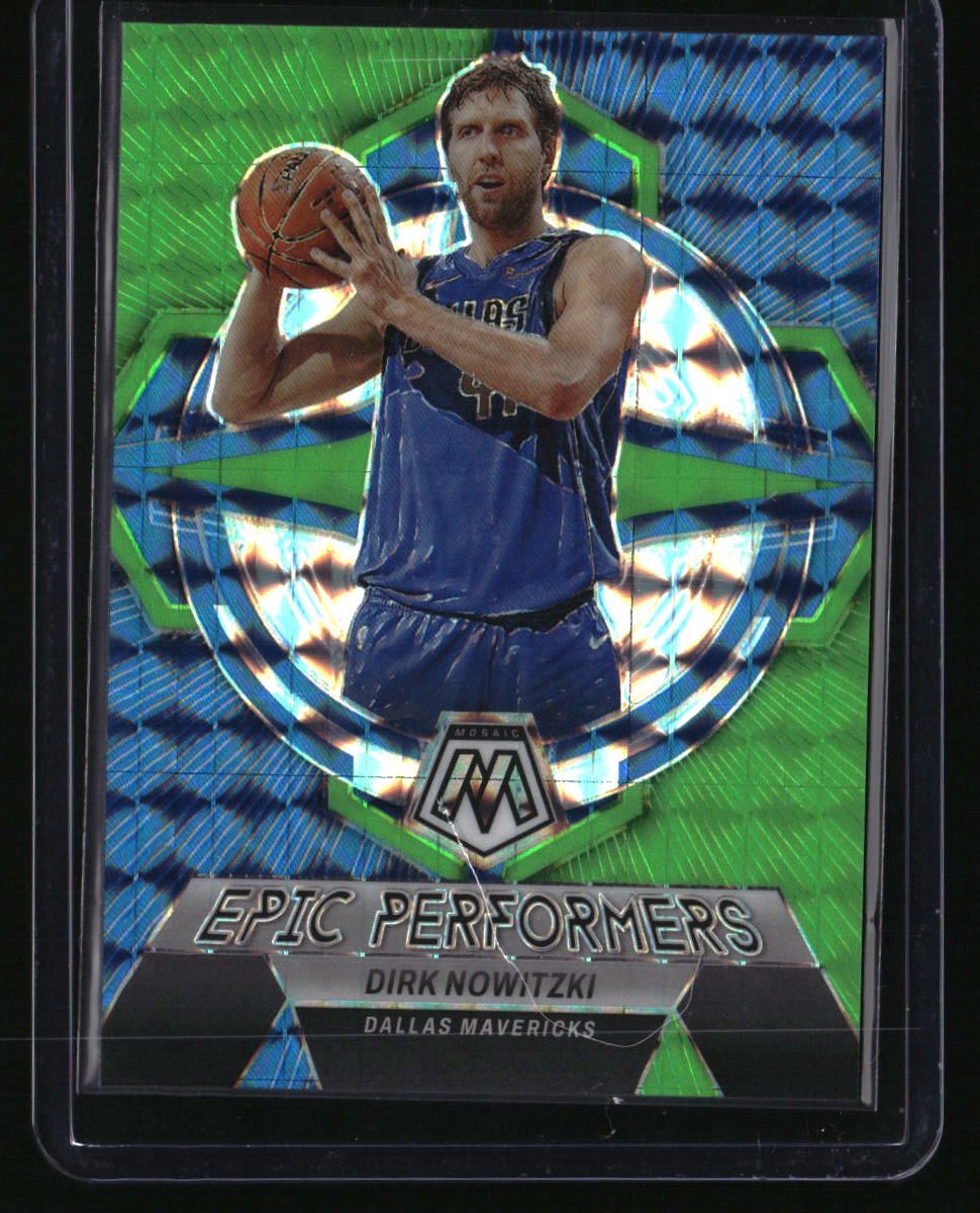 2022-23 Panini Mosaic Dirk Nowitzki Epic Performers Green Fluorescent #/10