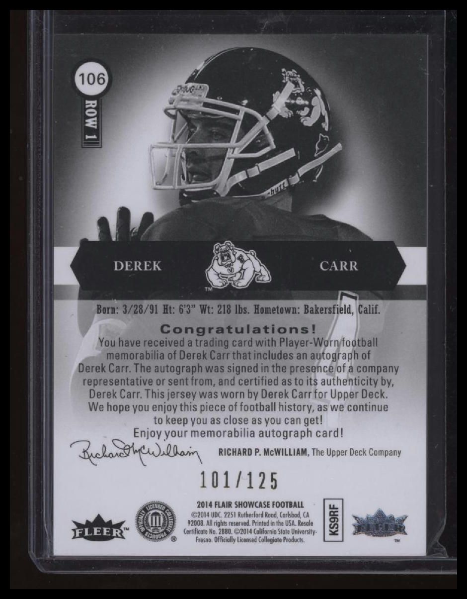 2014 Flair Showcase Derek Carr Patch Autographs #/125