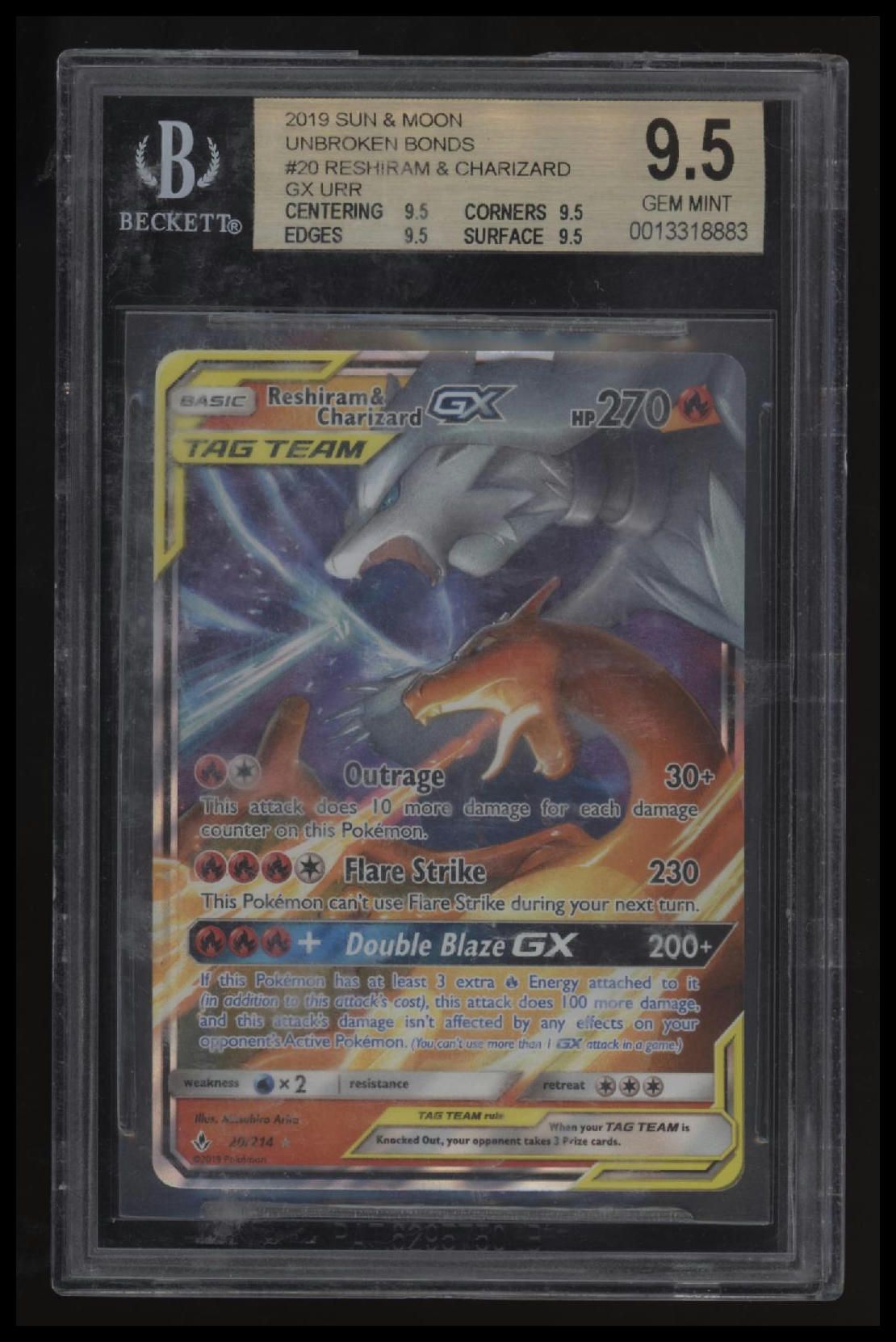 2019 Pokemon Sun and Moon Unbroken Bonds Reshiram &amp; Charizard GX URR BGS 9.5