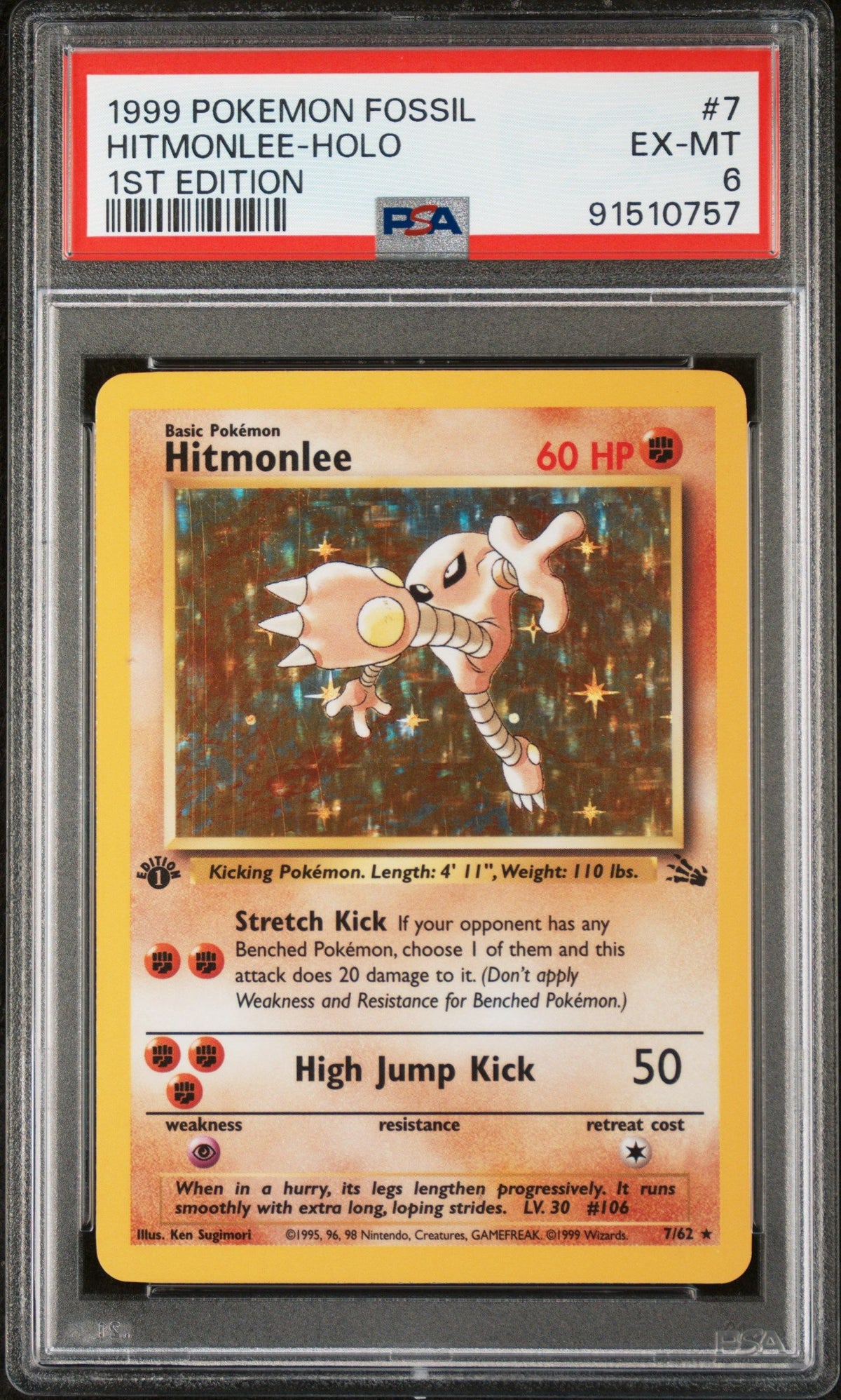 1999 Pokemon Fossil Hitmonlee-Holo 1st Edition PSA 6