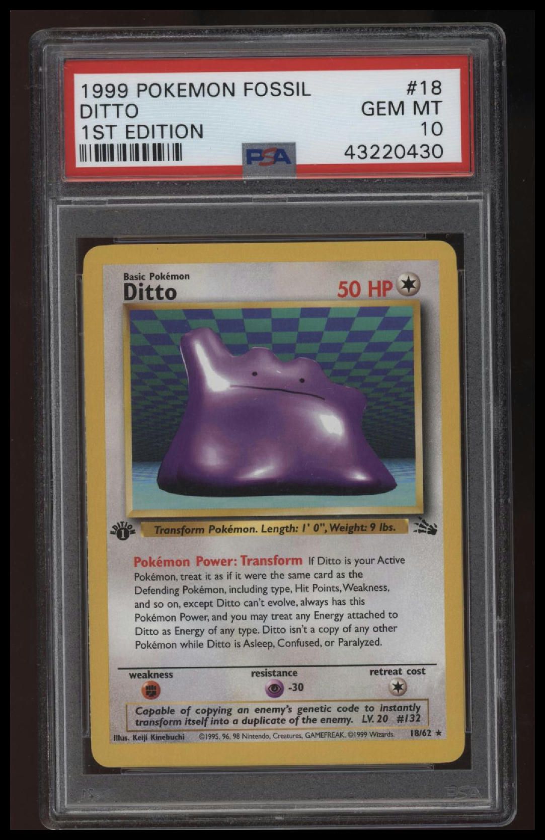 1999 Pokemon Fossil Ditto 1st Edition PSA 10