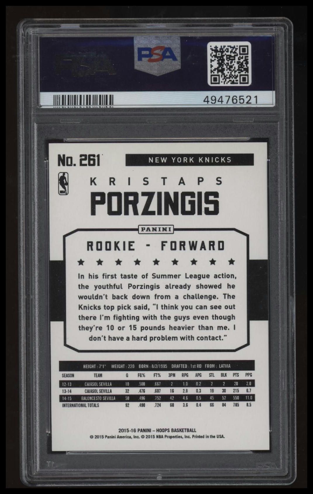 2015 Panini Hoops Kristaps Porzingis PSA 10