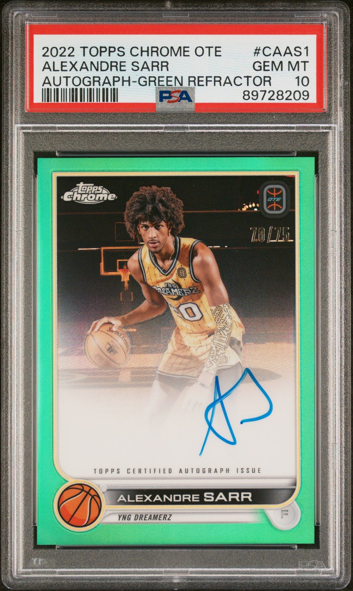 2022 Topps Chrome Overtime Alexandre Sarr Autograph-Green Refractor PSA 10