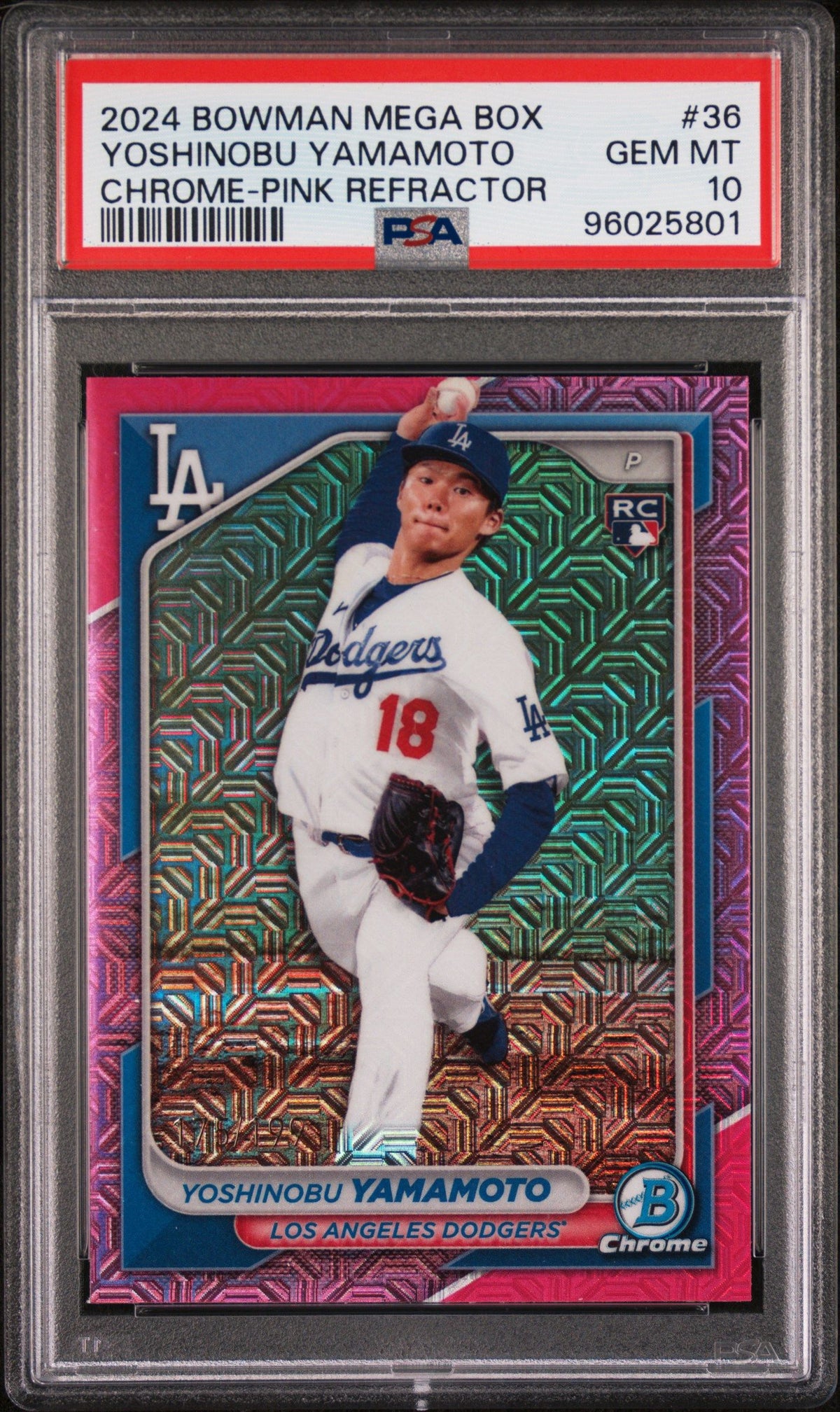 2024 Bowman Mega Box Chrome Yoshinobu Yamamoto Chrome-Pink Refractor PSA 10