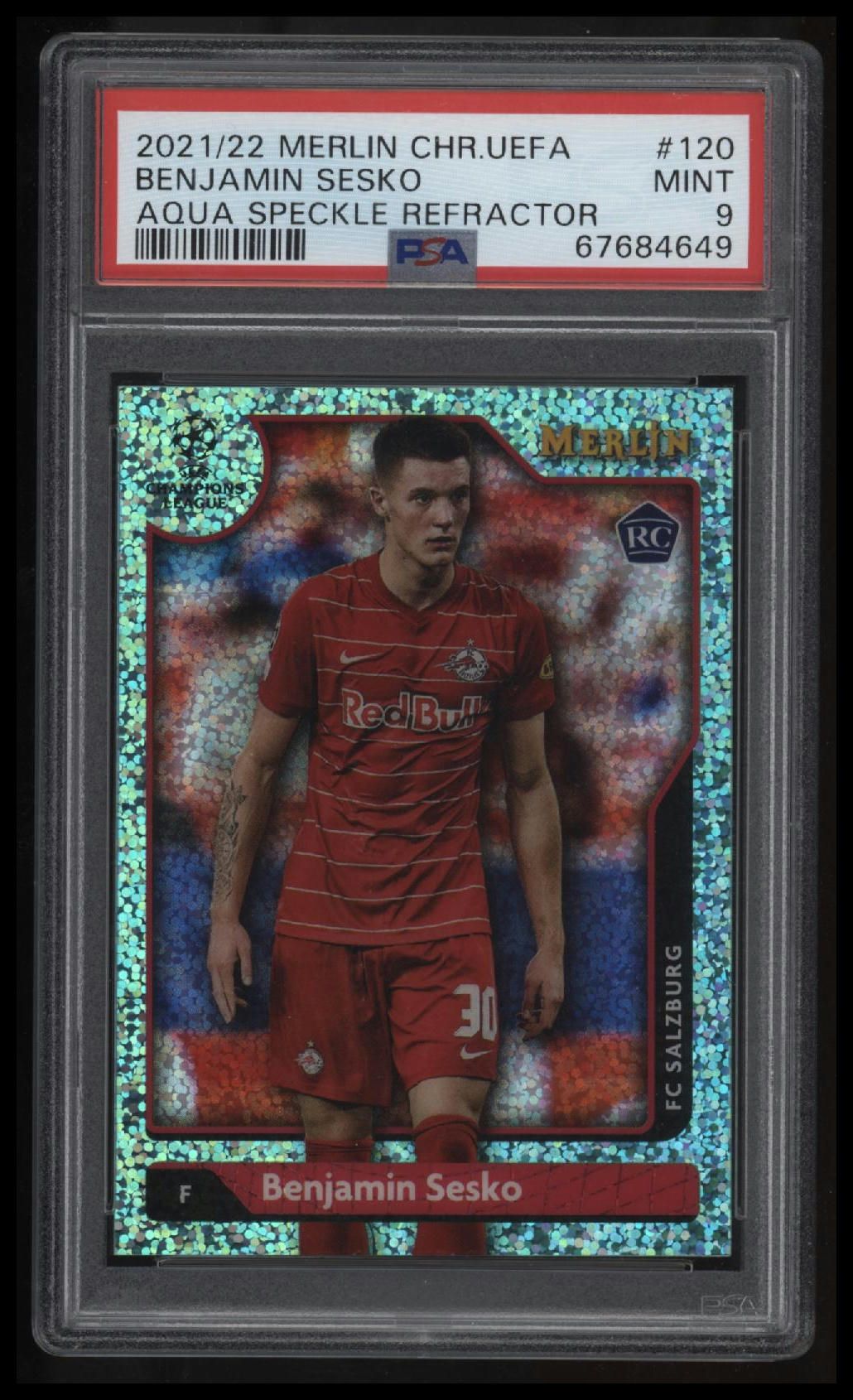 2021-2022 Topps Merlin Chrome Uefa Benjamin Sesko Aqua Speckle Refractor PSA 9