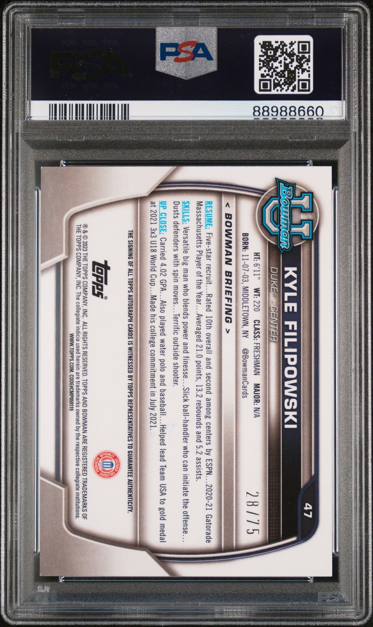 2022 Bowman Chrome University Kyle Filipowski Prospect Auto-Yellow PSA 10