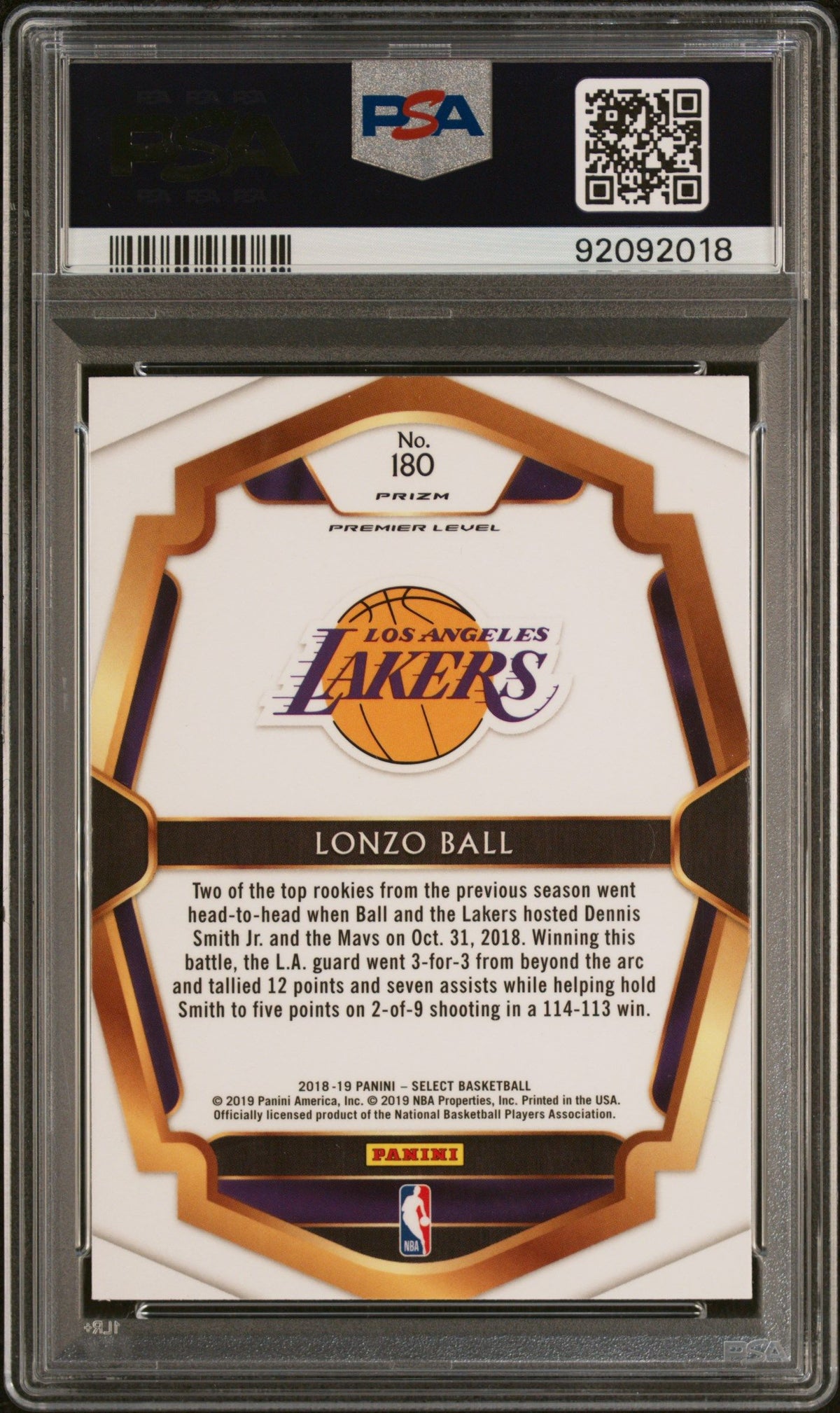 2018 Panini Select #180 Lonzo Ball Zebra Prizm PSA 10