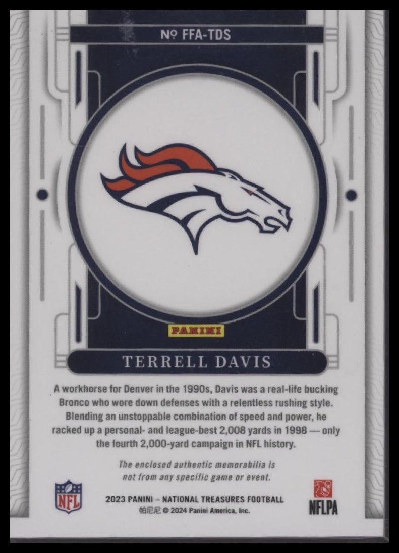 2023 Panini National Treasures Terrell Davis Framed Fabric Holo Gold #/10