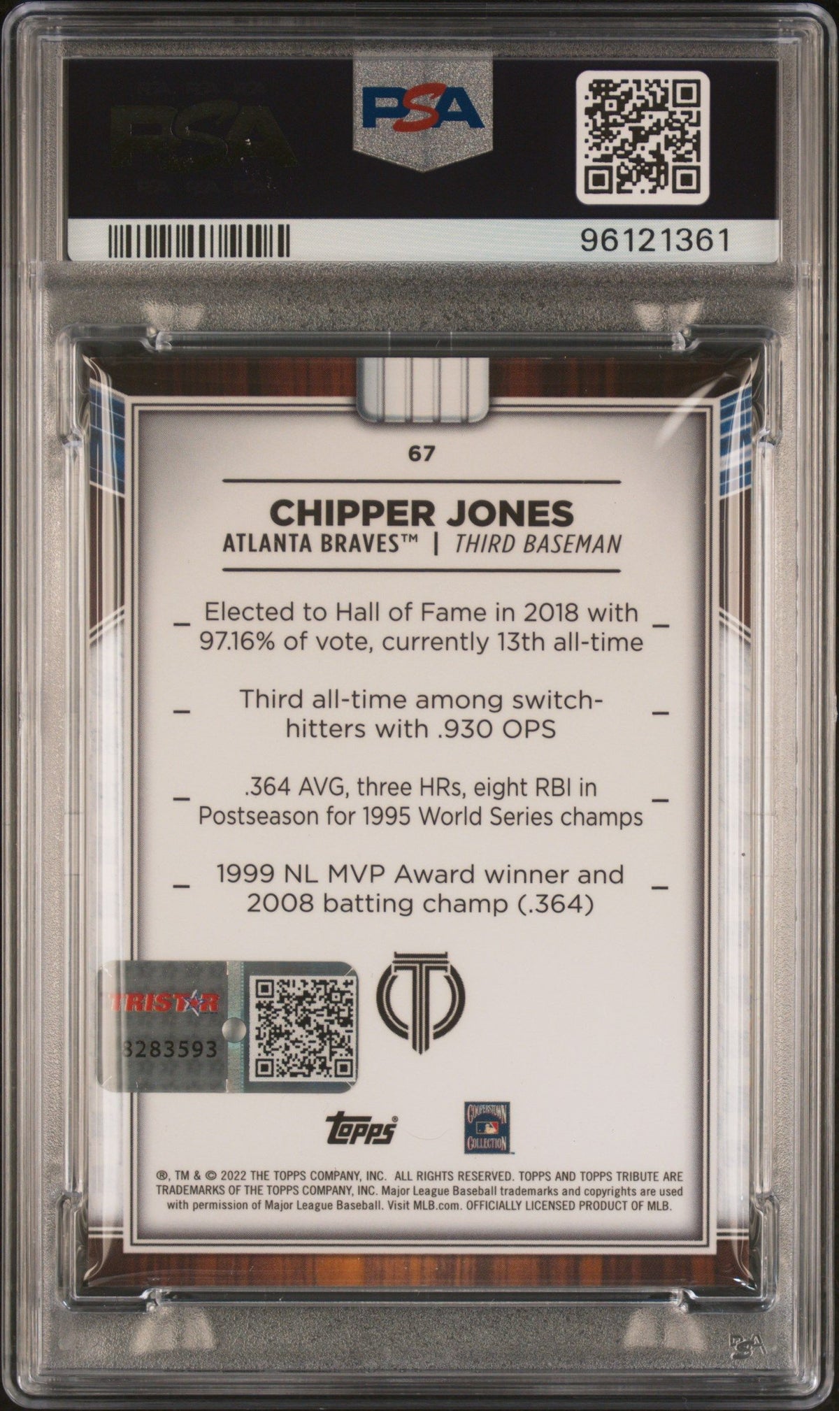 2022 Topps Tribute Chipper Jones Black 1/1 PSA 8