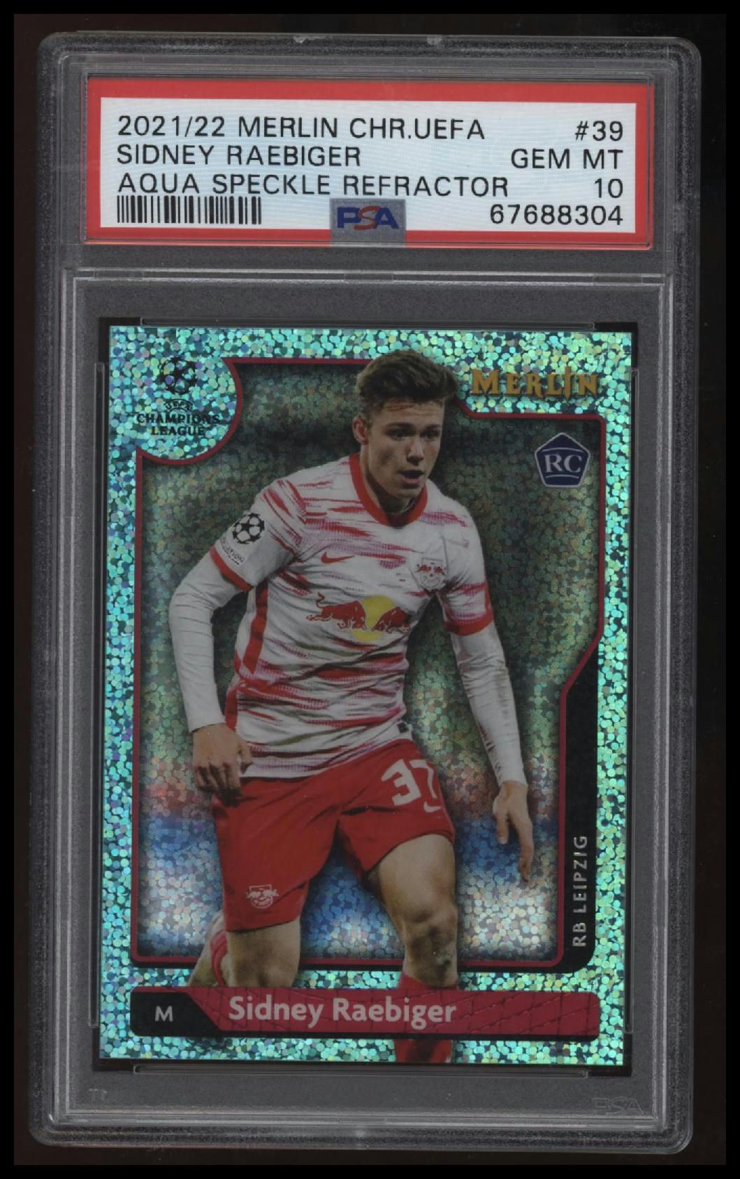 2021-2022 Topps Merlin Chrome Uefa Sidney Raebiger Aqua Speckle Refractor PSA 10