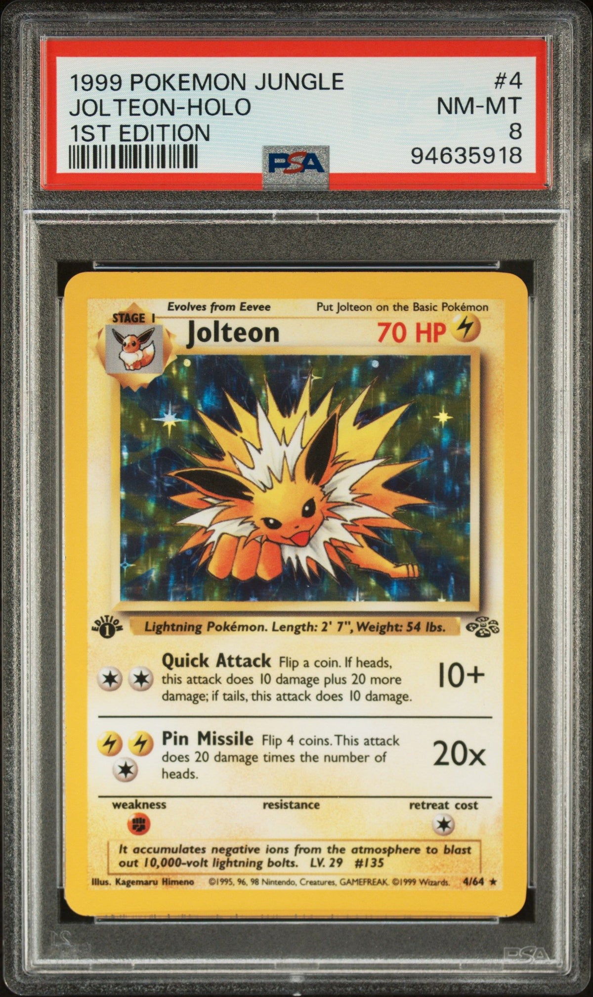 1999 Pokemon Jungle Jolteon-Holo 1st Edition PSA 8