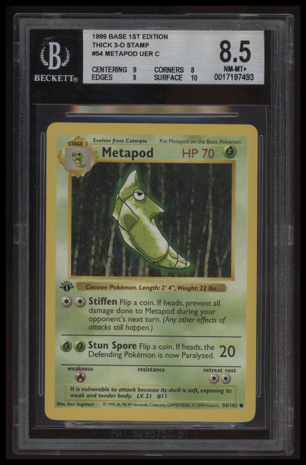 1999 Pokemon Base 1st Edition Thick 3-D Stamp Metapod UER C BGS 8.5