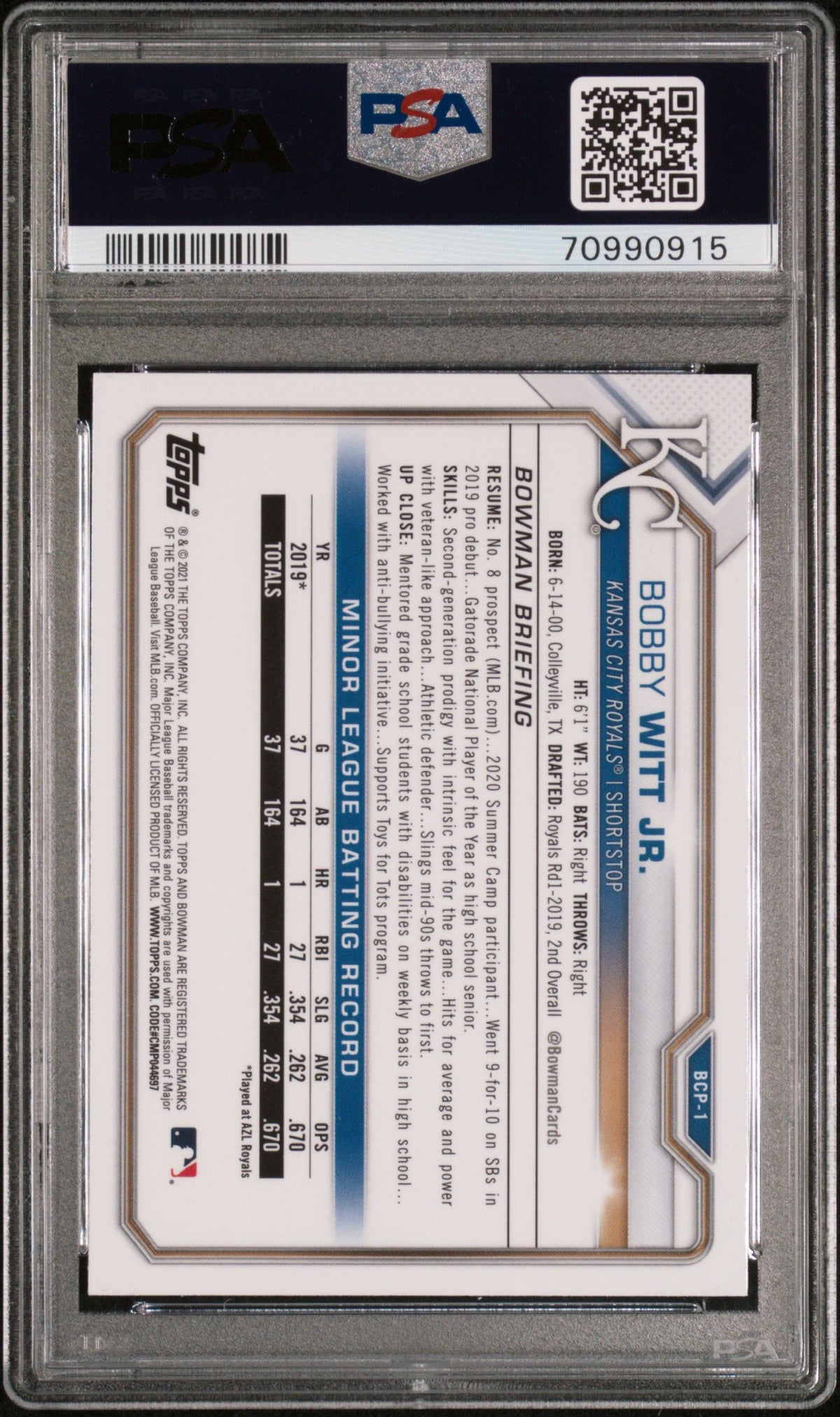 2021 Bowman Mega Box Chrome #BCP1 Bobby Witt Jr. Chrome PSA 10