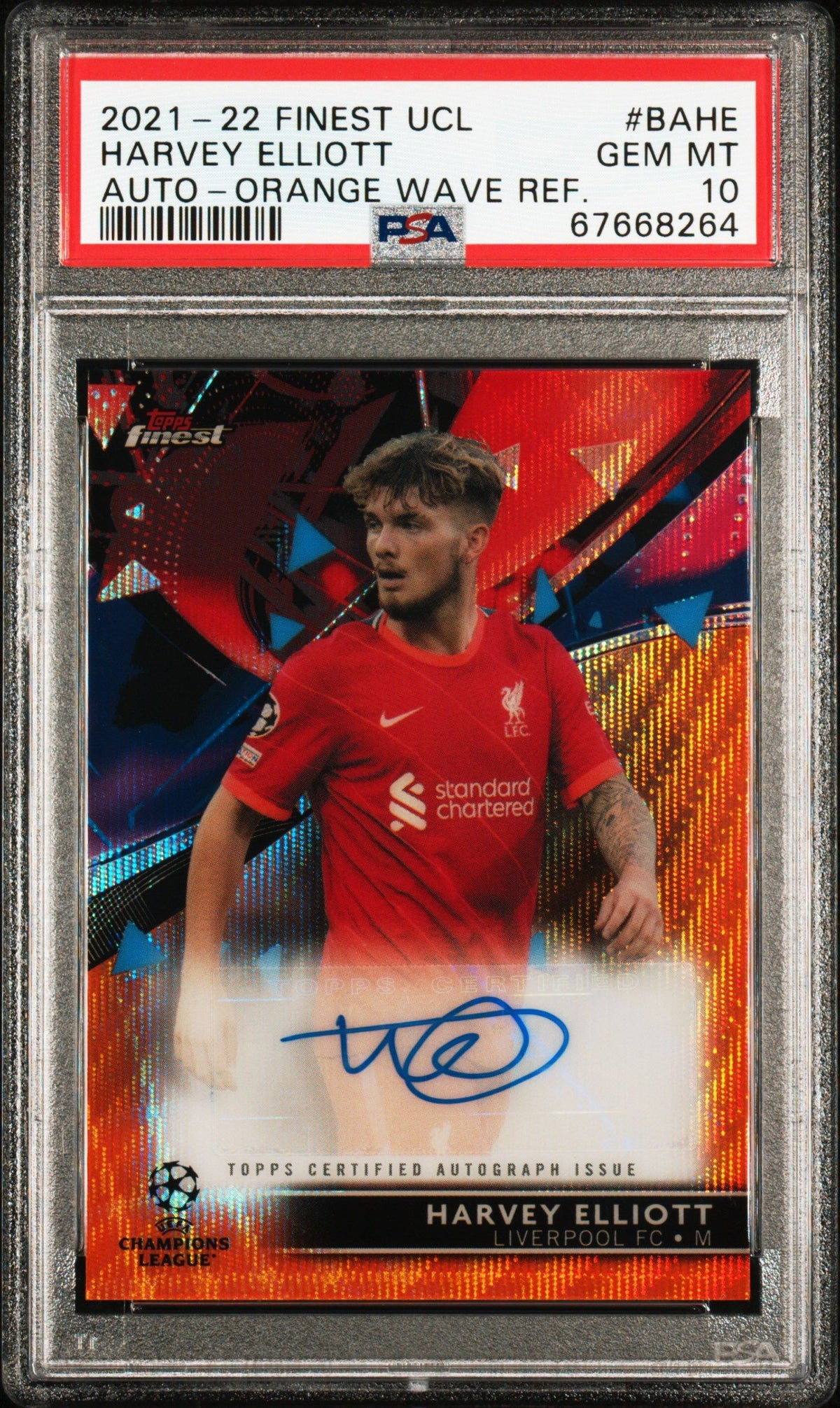 2021-2022 Topps Finest Uefa Harvey Elliott Auto-Orange Wave Ref. PSA 10