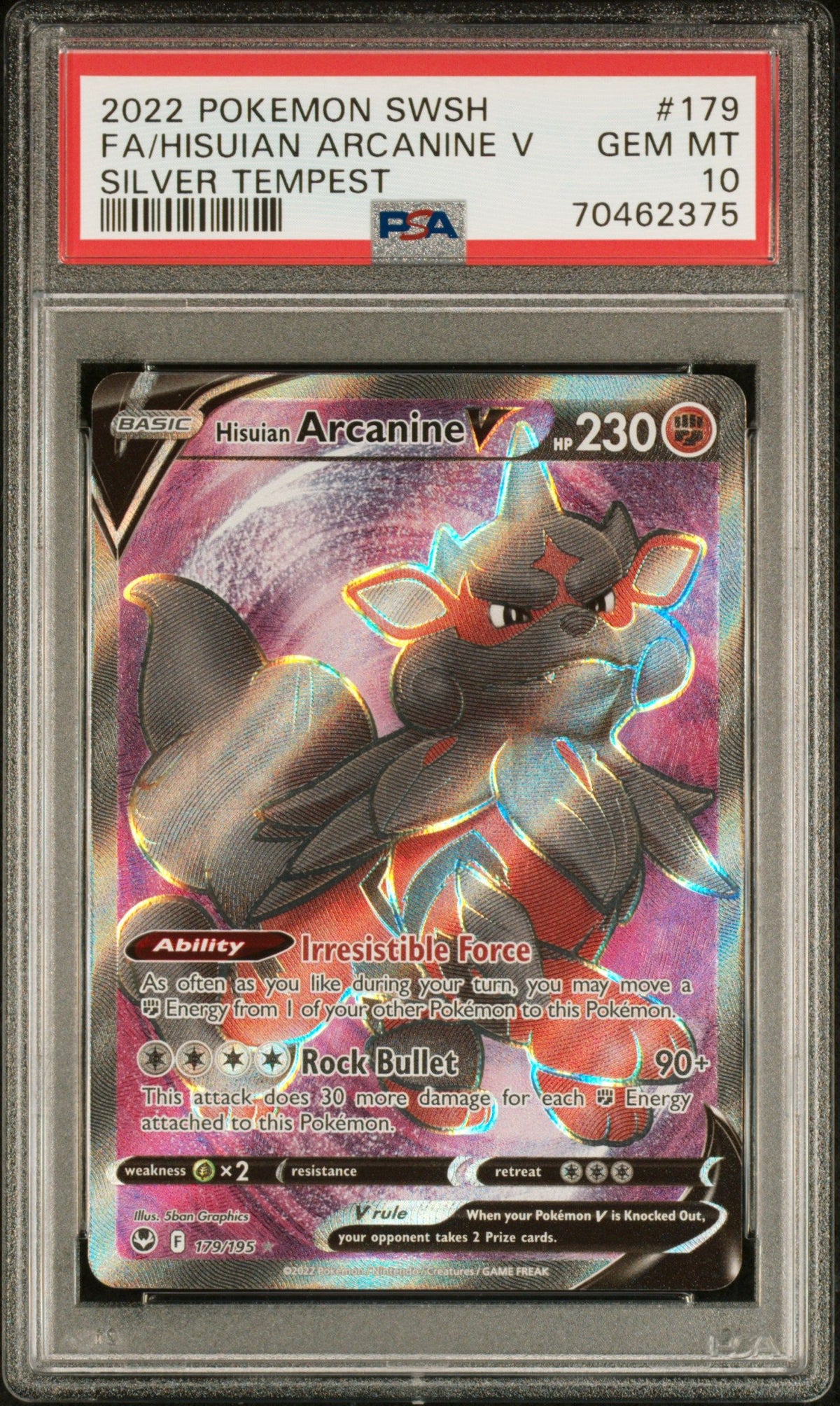 2022 Pokemon Sword &amp; Shield Silver Tempest Hisuian Arcanine V PSA 10