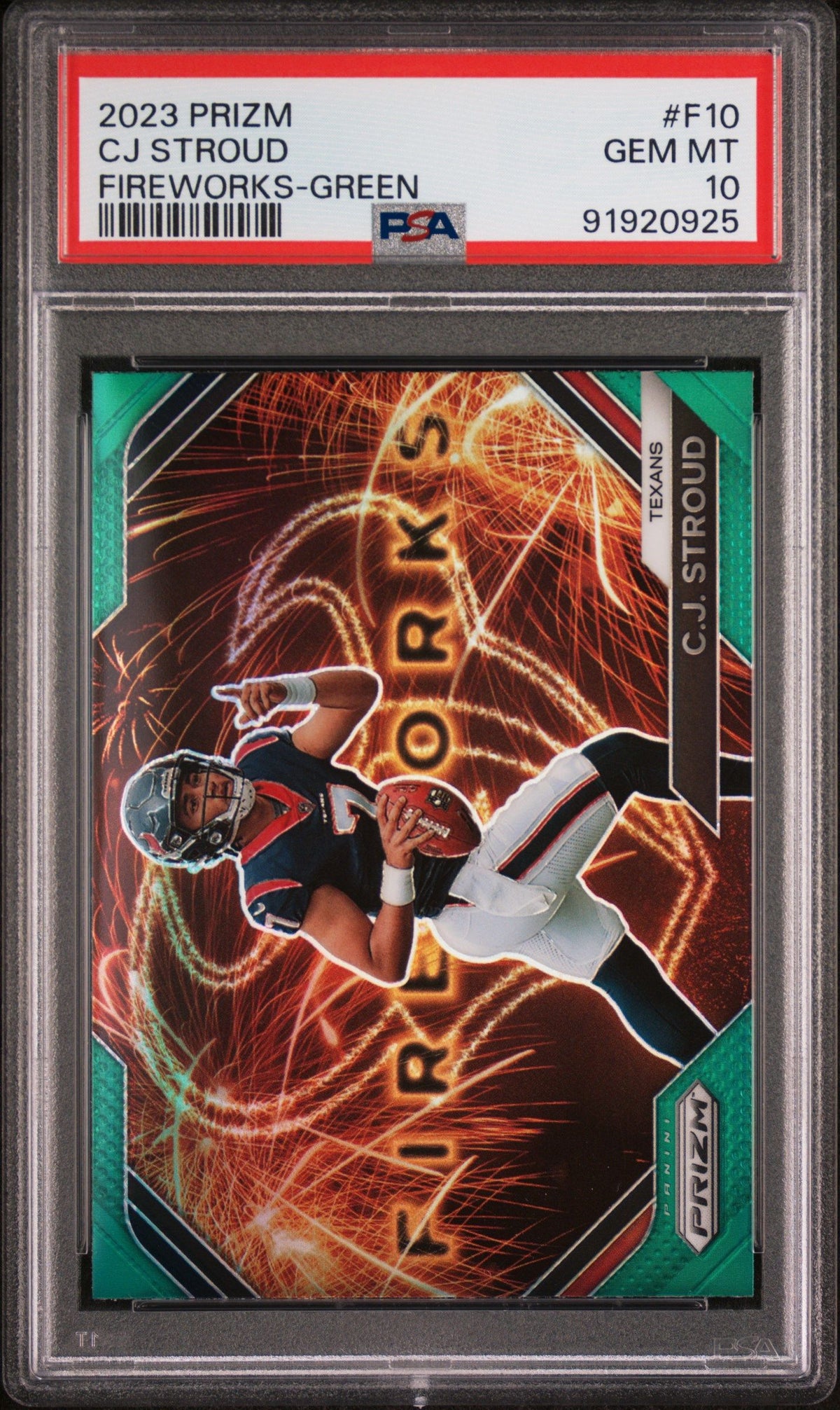 2023 Panini Prizm Fireworks Cj Stroud Fireworks-Green Prizm PSA 10