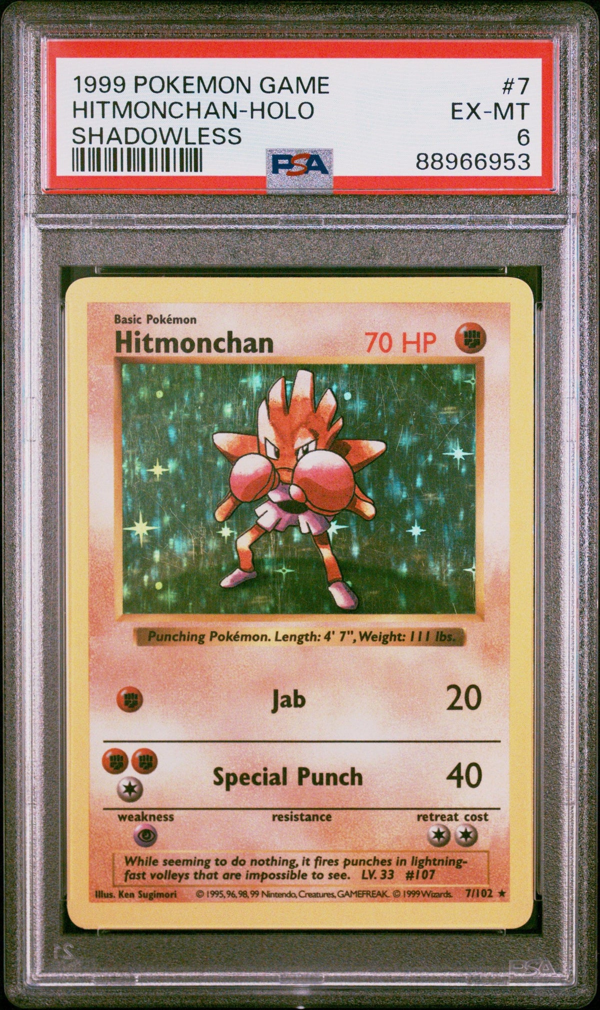 1999 Pokemon Game Hitmonchan-Holo Shadowless PSA 6