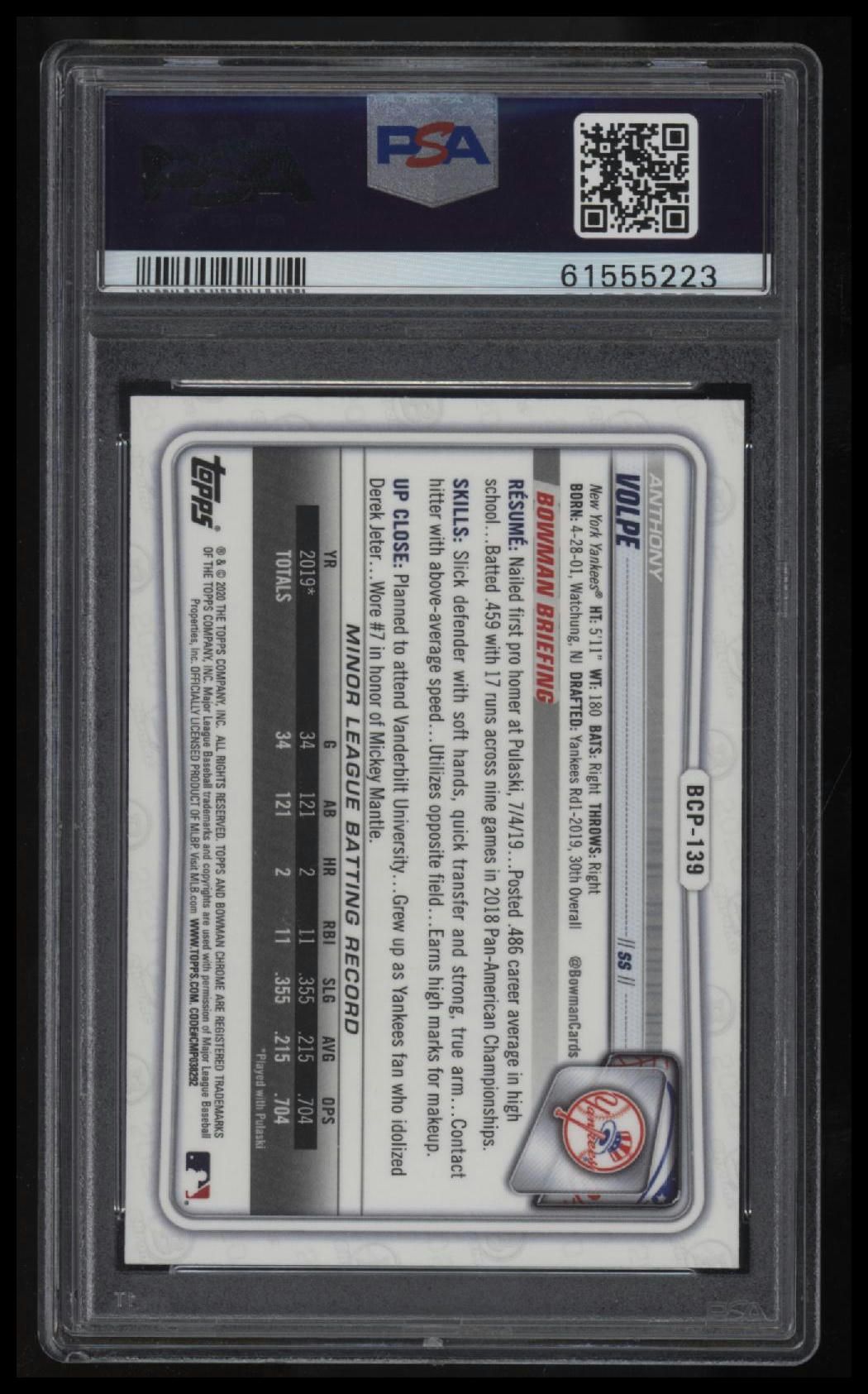 2020 Bowman Chrome Prospects #BCP139 Anthony Volpe Prospects PSA 10