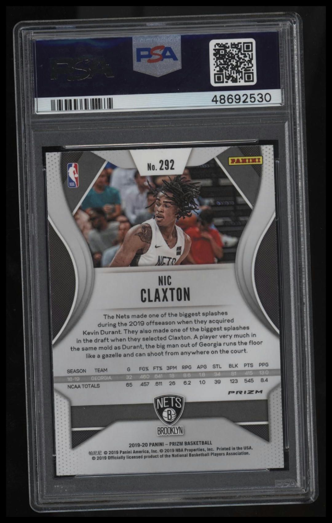 2019 Panini Prizm #292 Nic Claxton Silver Prizm PSA 10