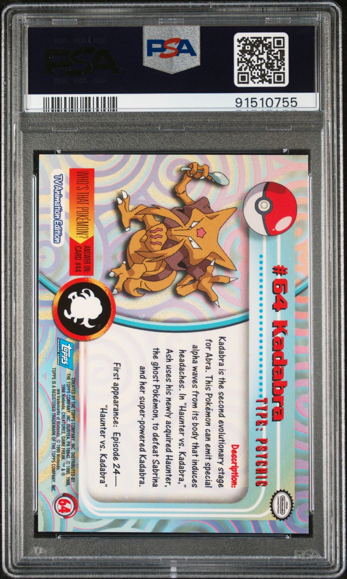 1999 Topps Pokemon Tv Kadabra Rainbow Foil PSA 9