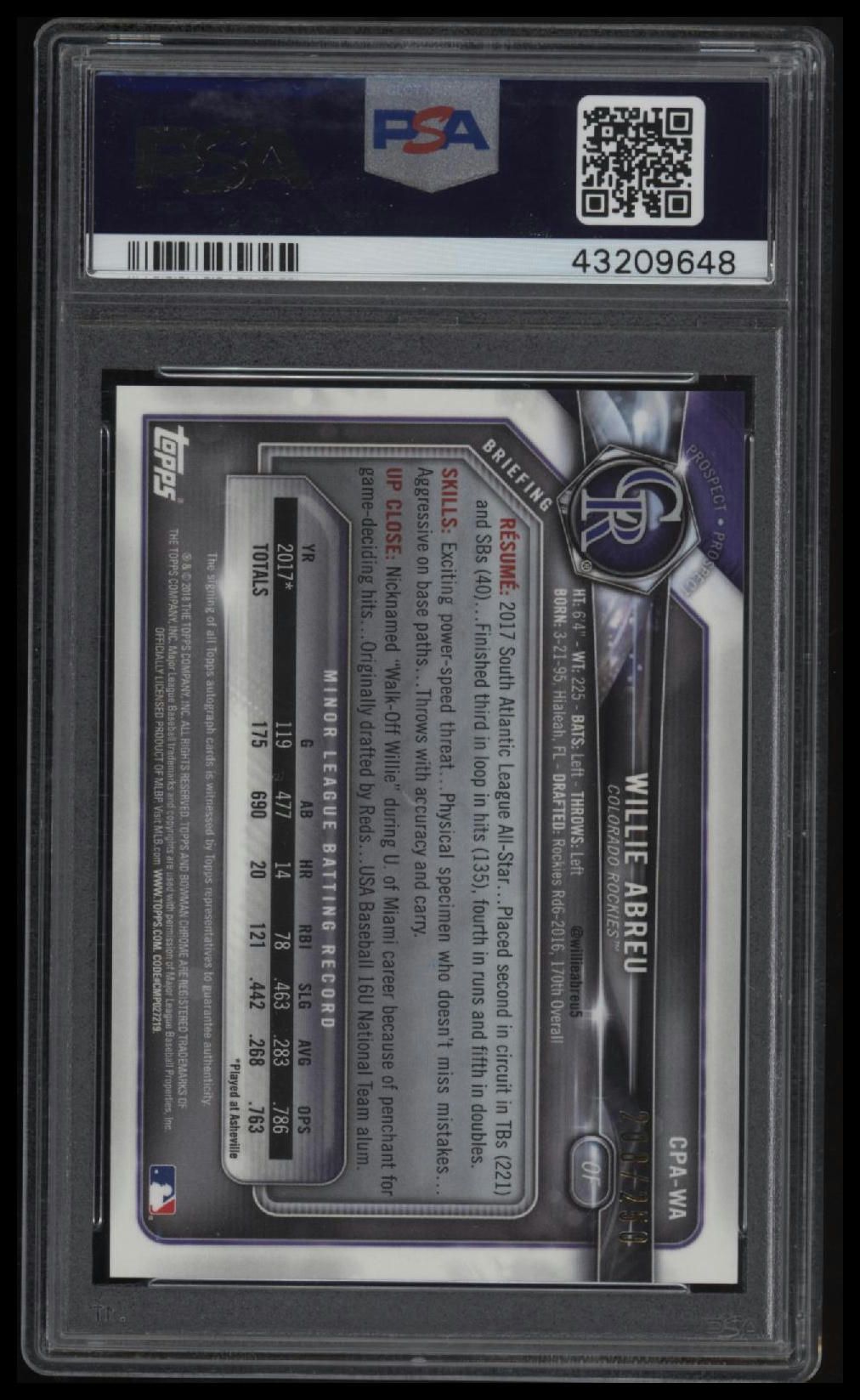 2018 Bowman Chrome Prospects #CPAWA Willie Abreu Pros.Auto-Purple Ref. PSA 10