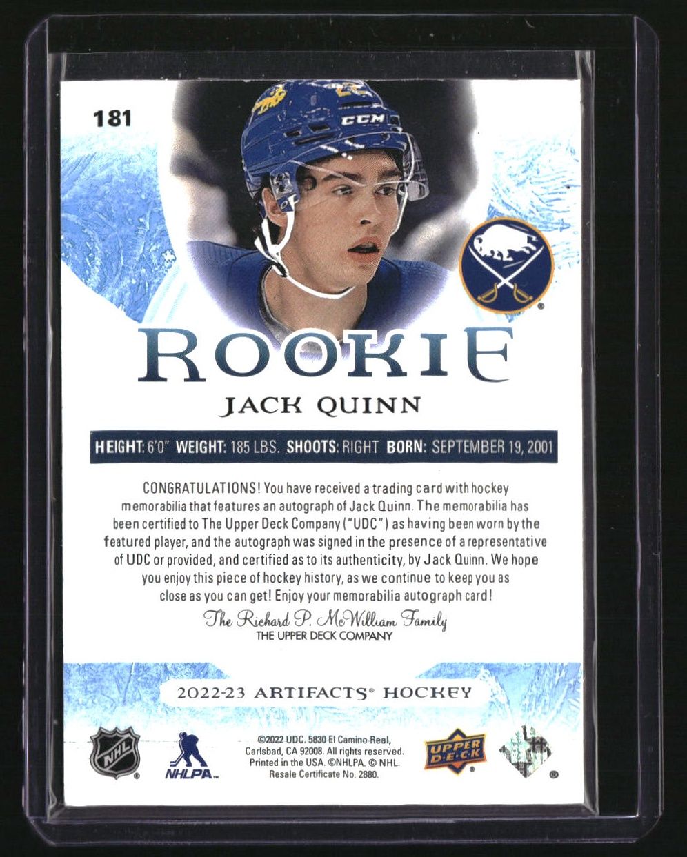 2022-23 Upper Deck Artifacts Jack Quinn Auto Material Gold #/149