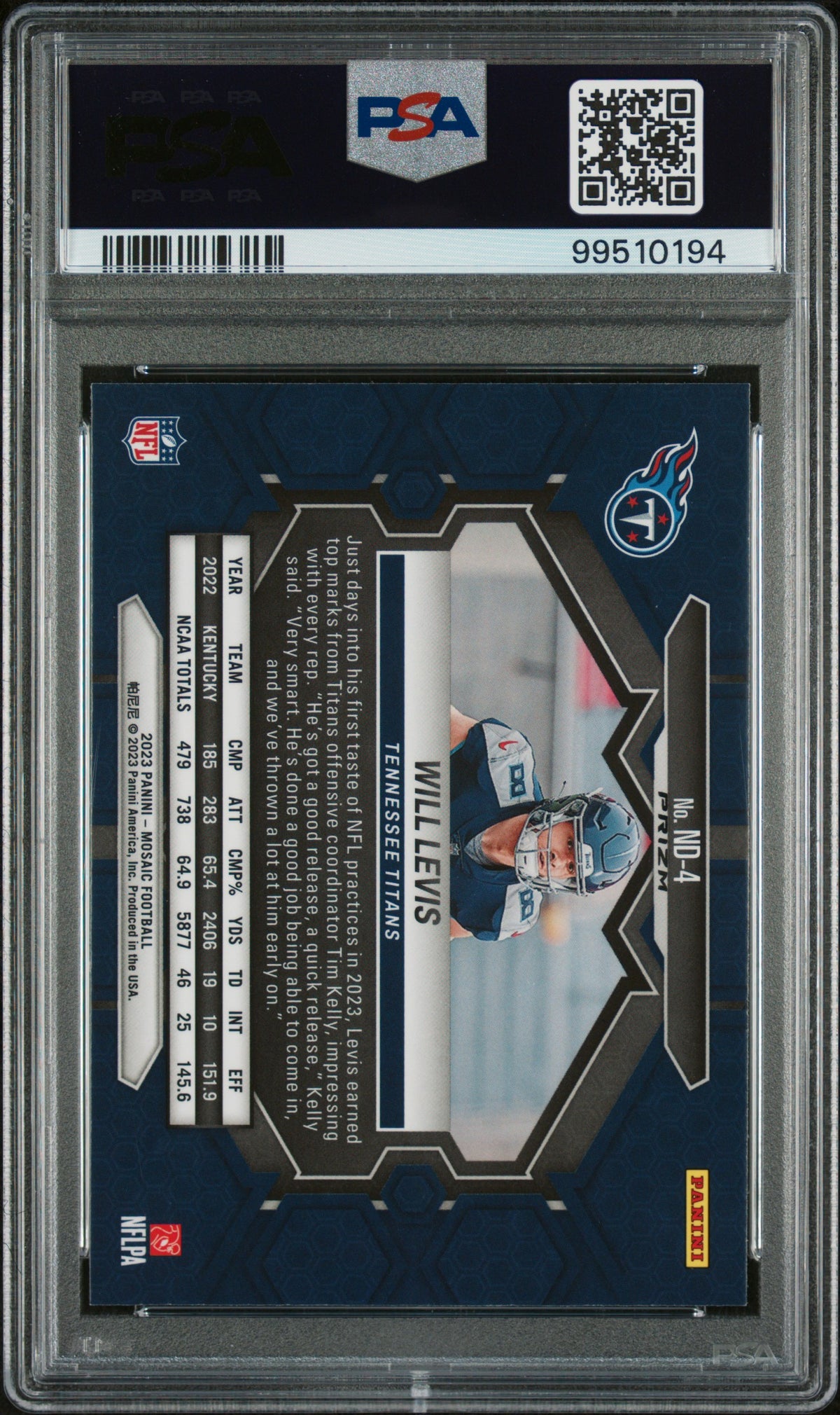 2023 Panini Mosaic Nfl Debut Will Levis Nfl Debut-Reactive Blue PSA 10