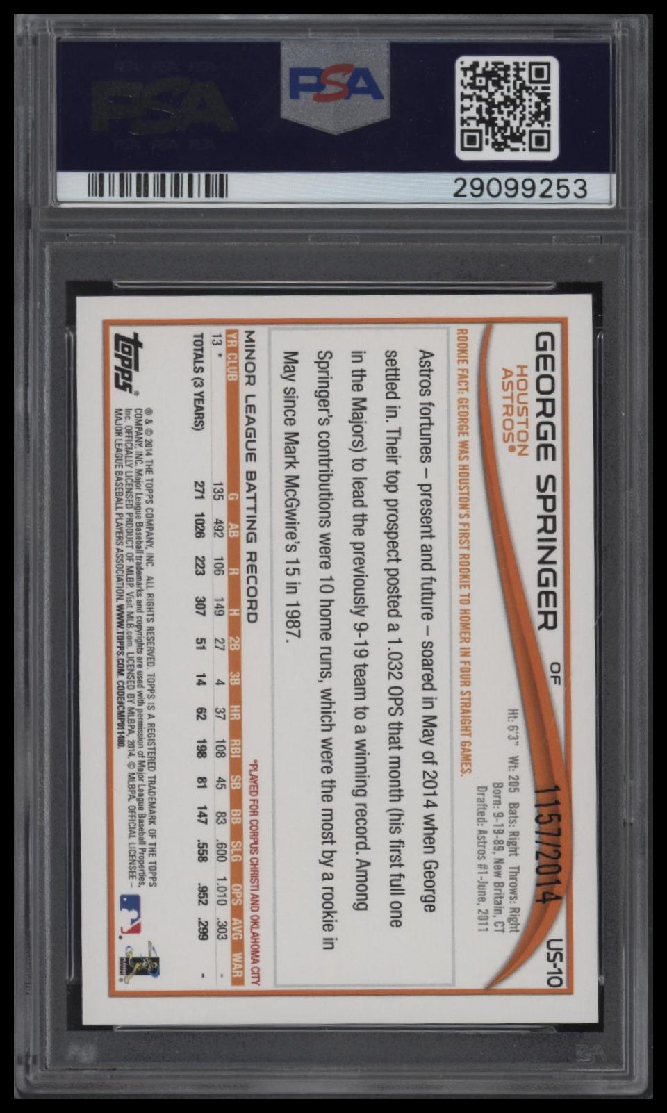 2014 Topps Update #US10 George Springer Orange Jersey-Gold PSA 10