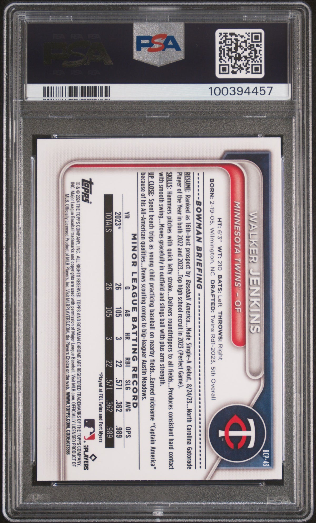 2024 Bowman Mega Box Chrome Prospects Walker Jenkins PSA 9