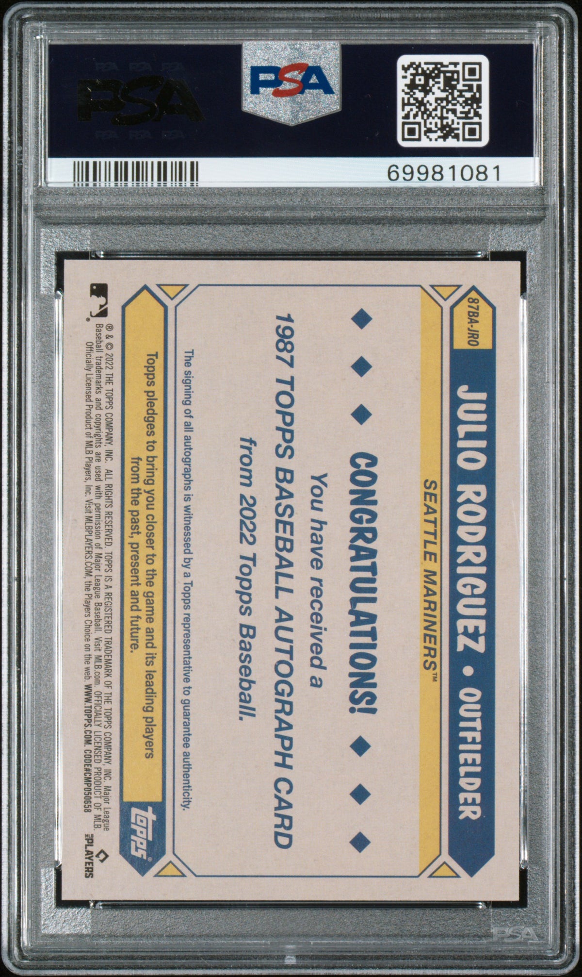 2022 Topps 1987 Topps Baseball Autographs Julio Rodriguez Au-Sr.2 PSA 10