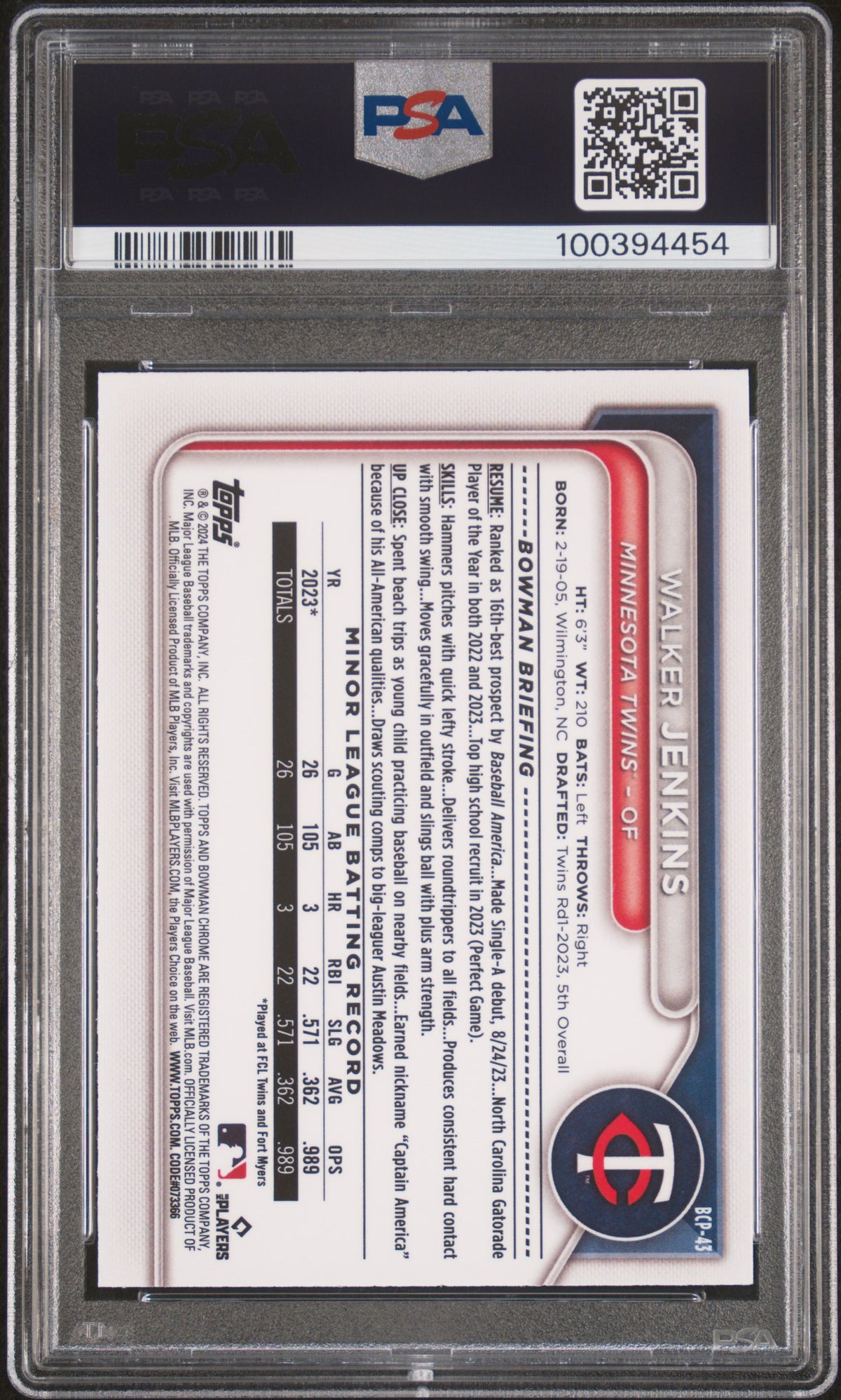 2024 Bowman Mega Box Chrome Prospects Walker Jenkins PSA 10