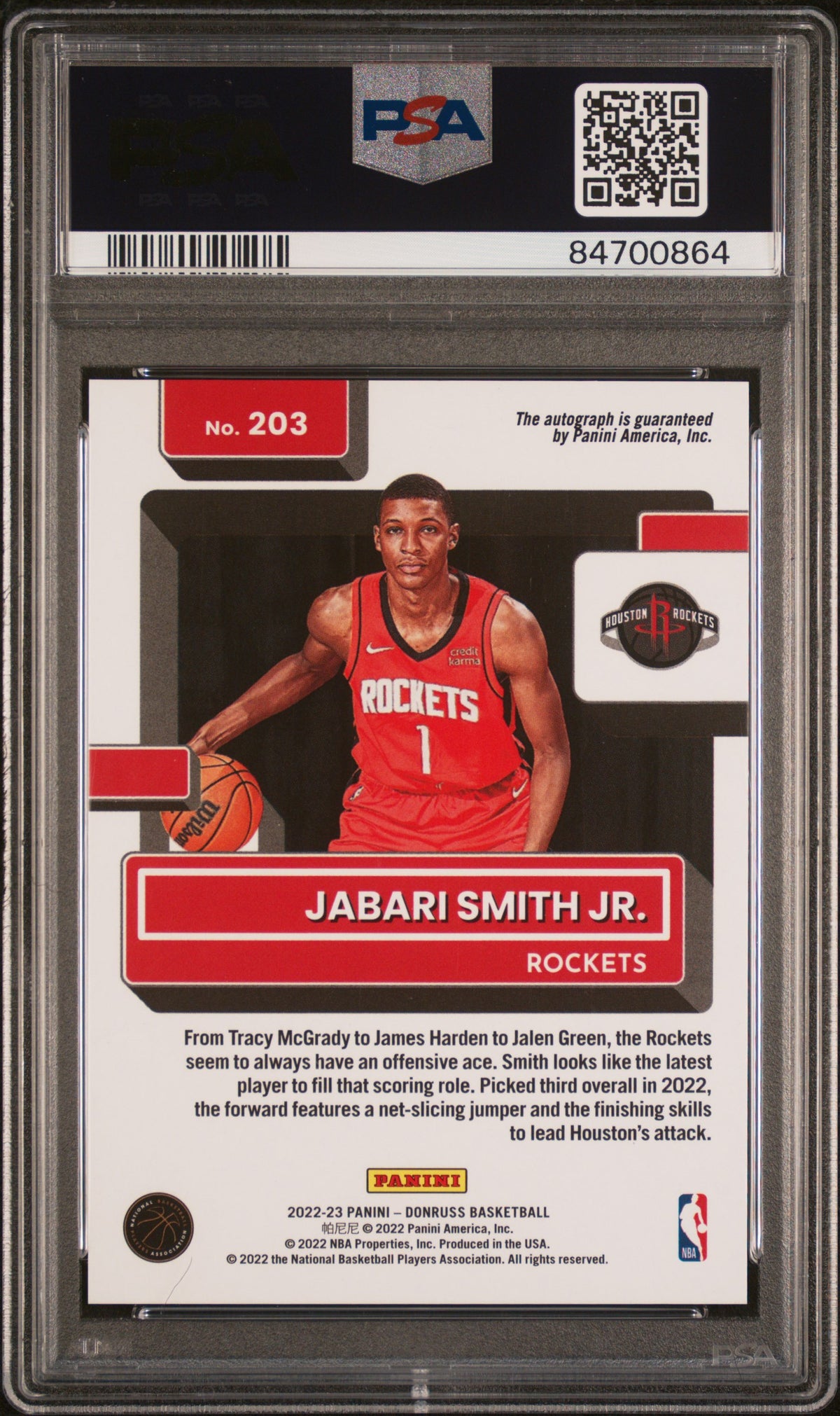 2022 Panini Donruss #203 Jabari Smith Jr. Rated Rookie Sig-Choice PSA 10