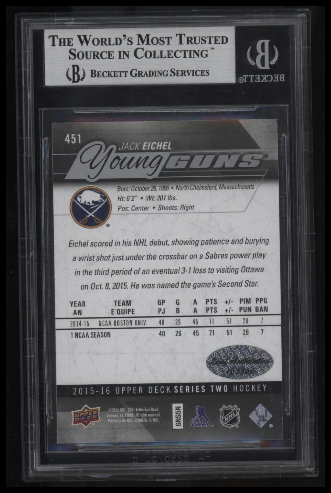 2015-16 Upper Deck Jack Eichel YG RC BGS 0.0