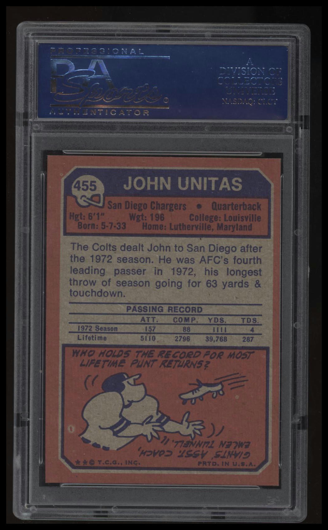 1973 Topps #455 John Unitas PSA 8