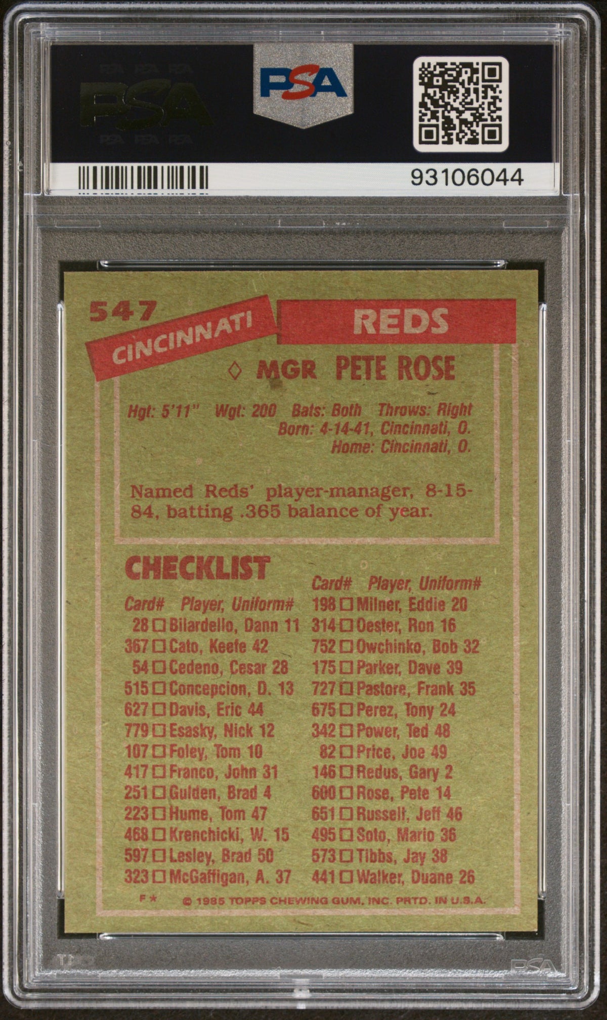 1985 Topps Pete Rose PSA 6