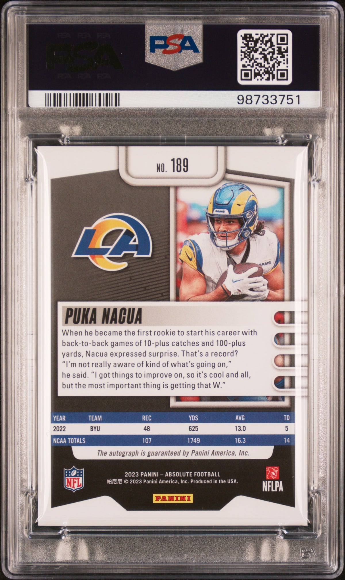 2023 Panini Absolute Puka Nacua Signature-Gold Spectrum PSA 9