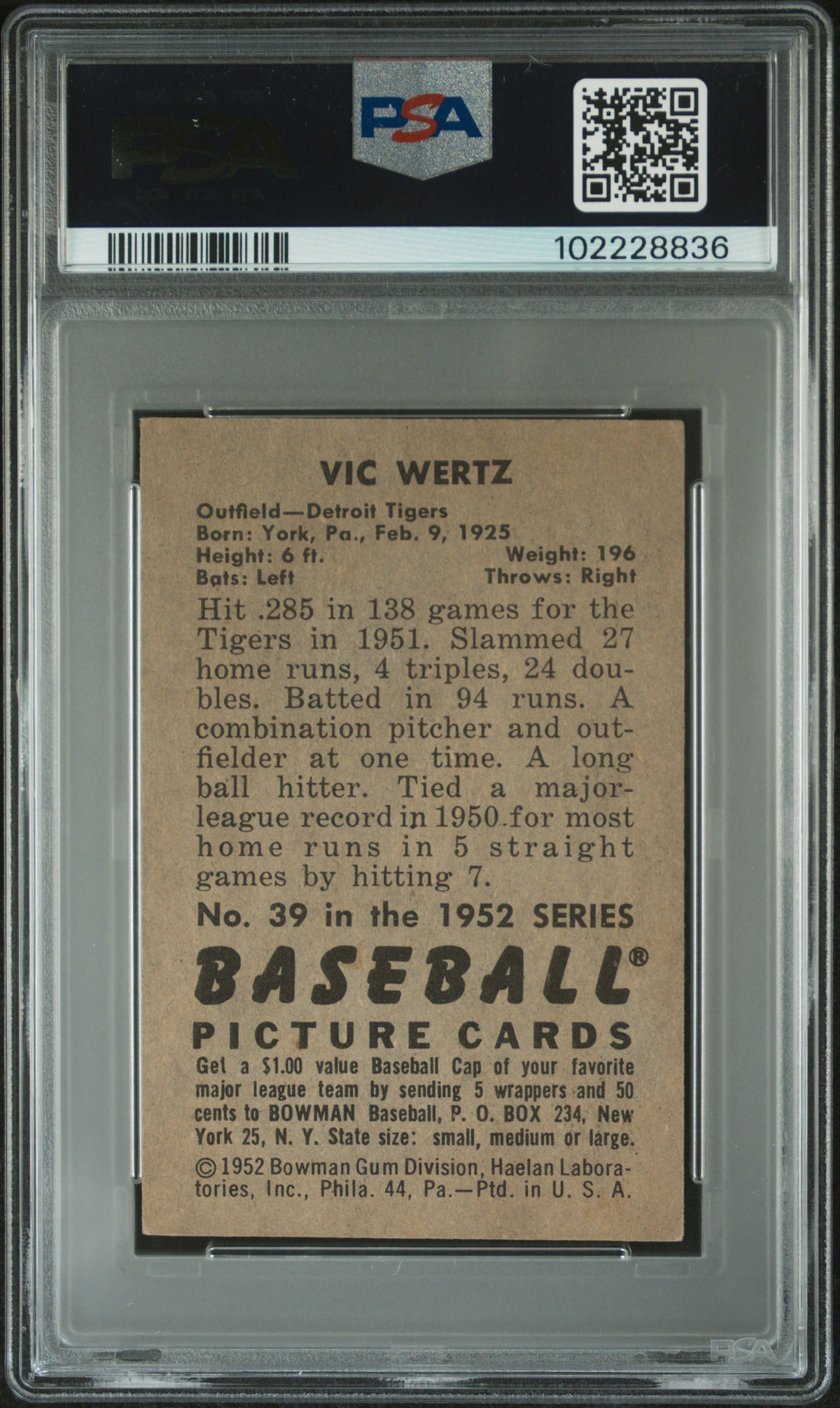 1952 Bowman Vic Wertz PSA 4